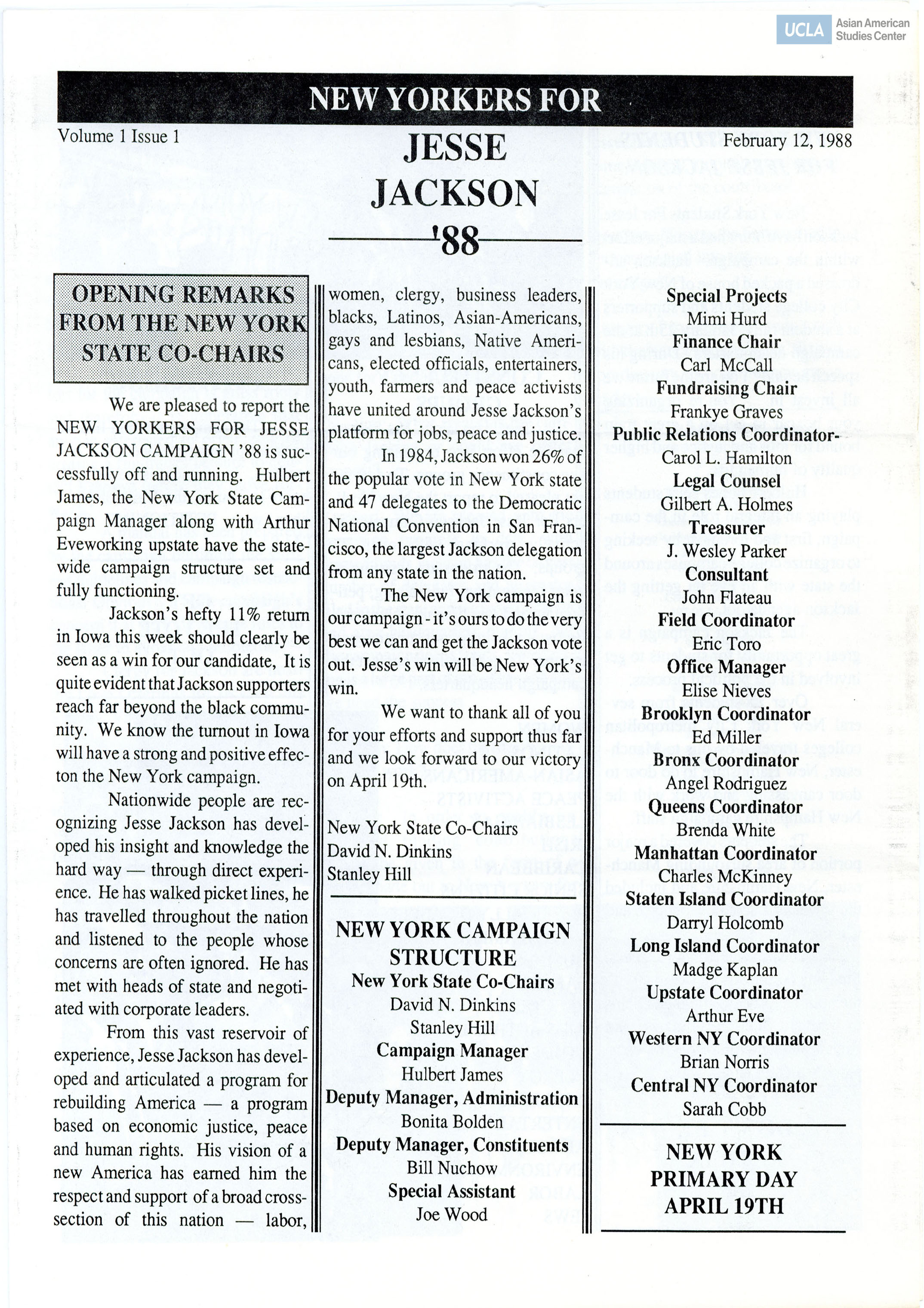 New Yorkers for Jesse Jackson regarding newsletter.