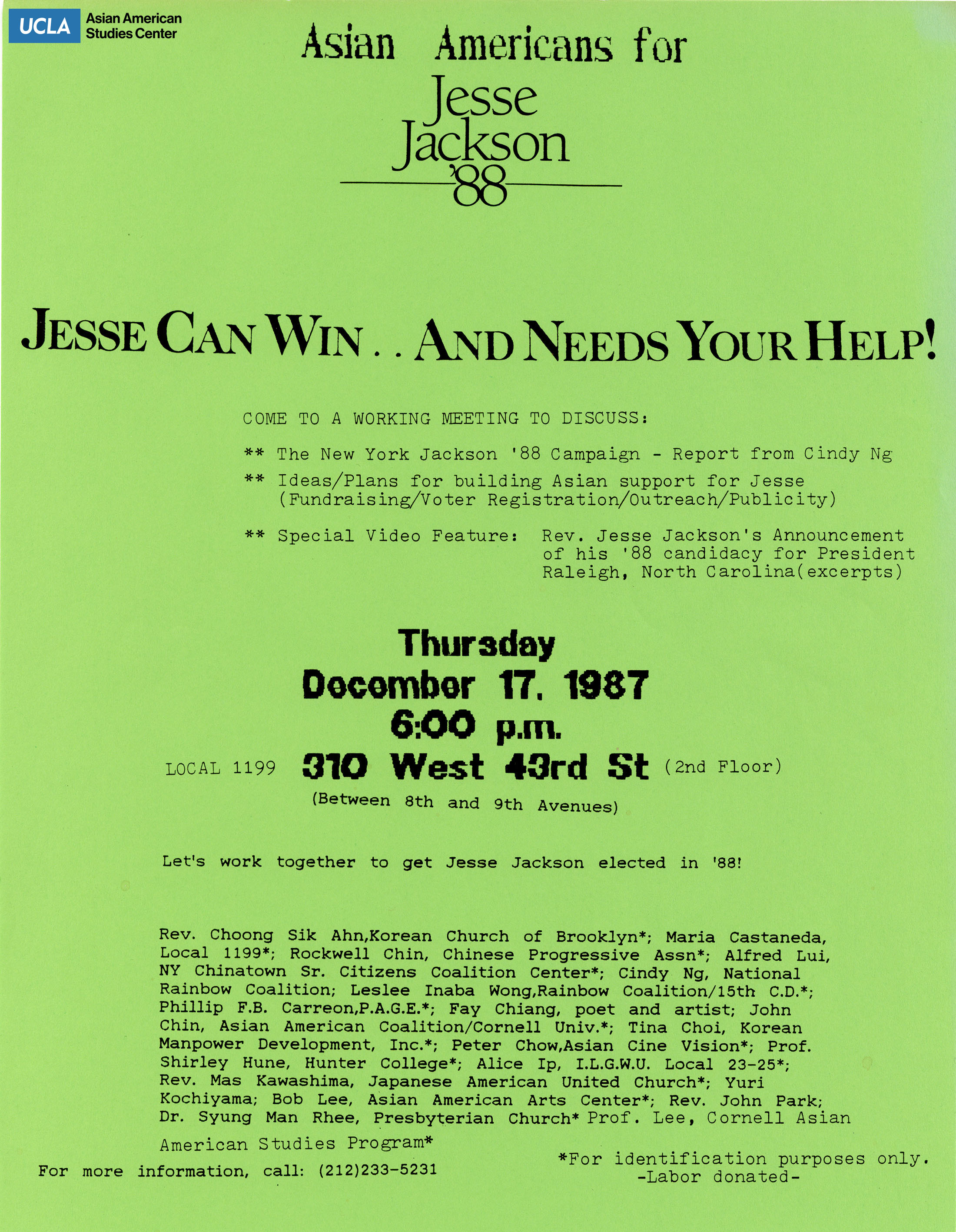Asian Americans for presidential candidate Jesse Jackson. Event flyer for garnering more Asian American support for Jesse Jackson's candidacy.