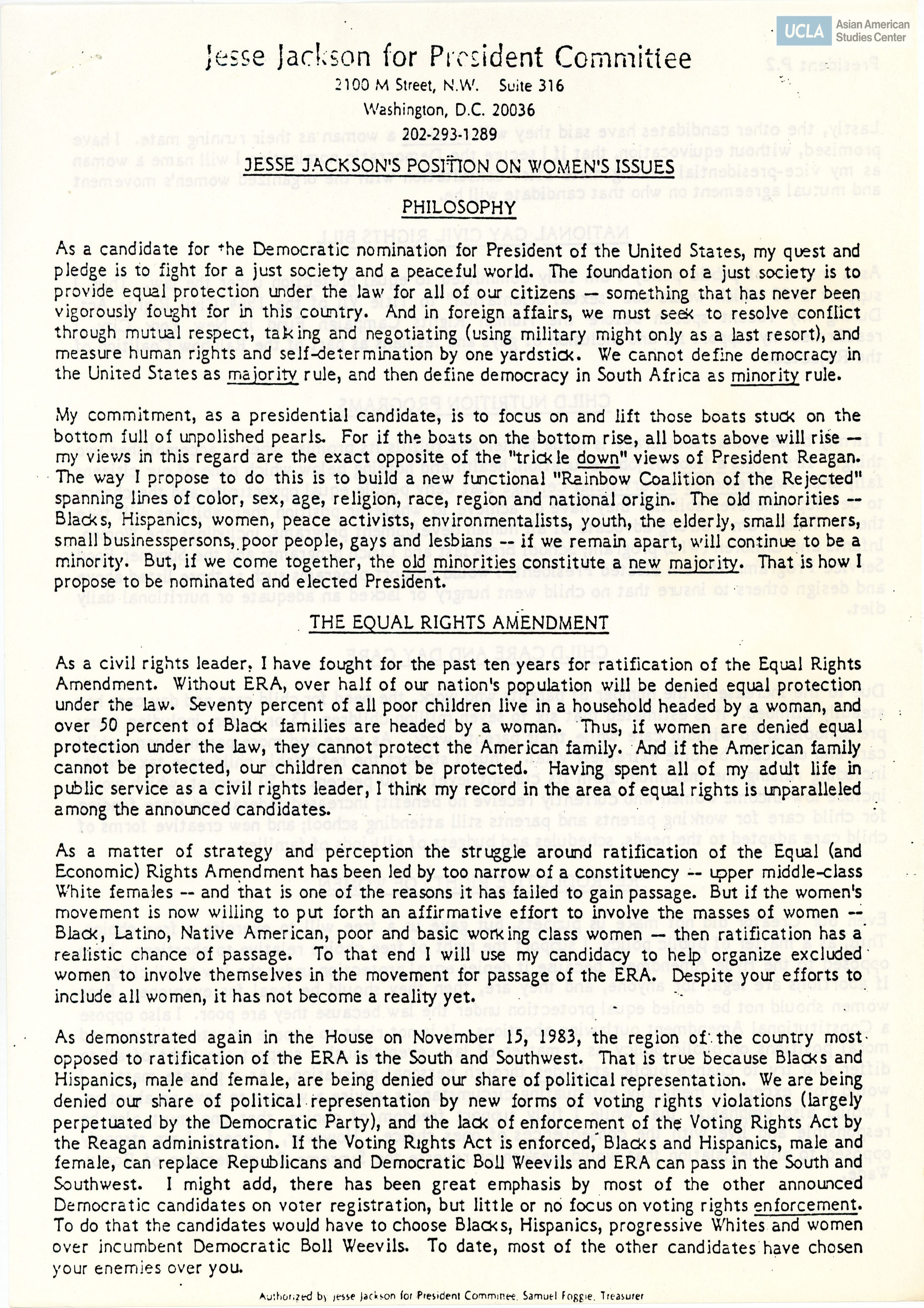 Jesse Jackson committee position and philosophy on women's issues.