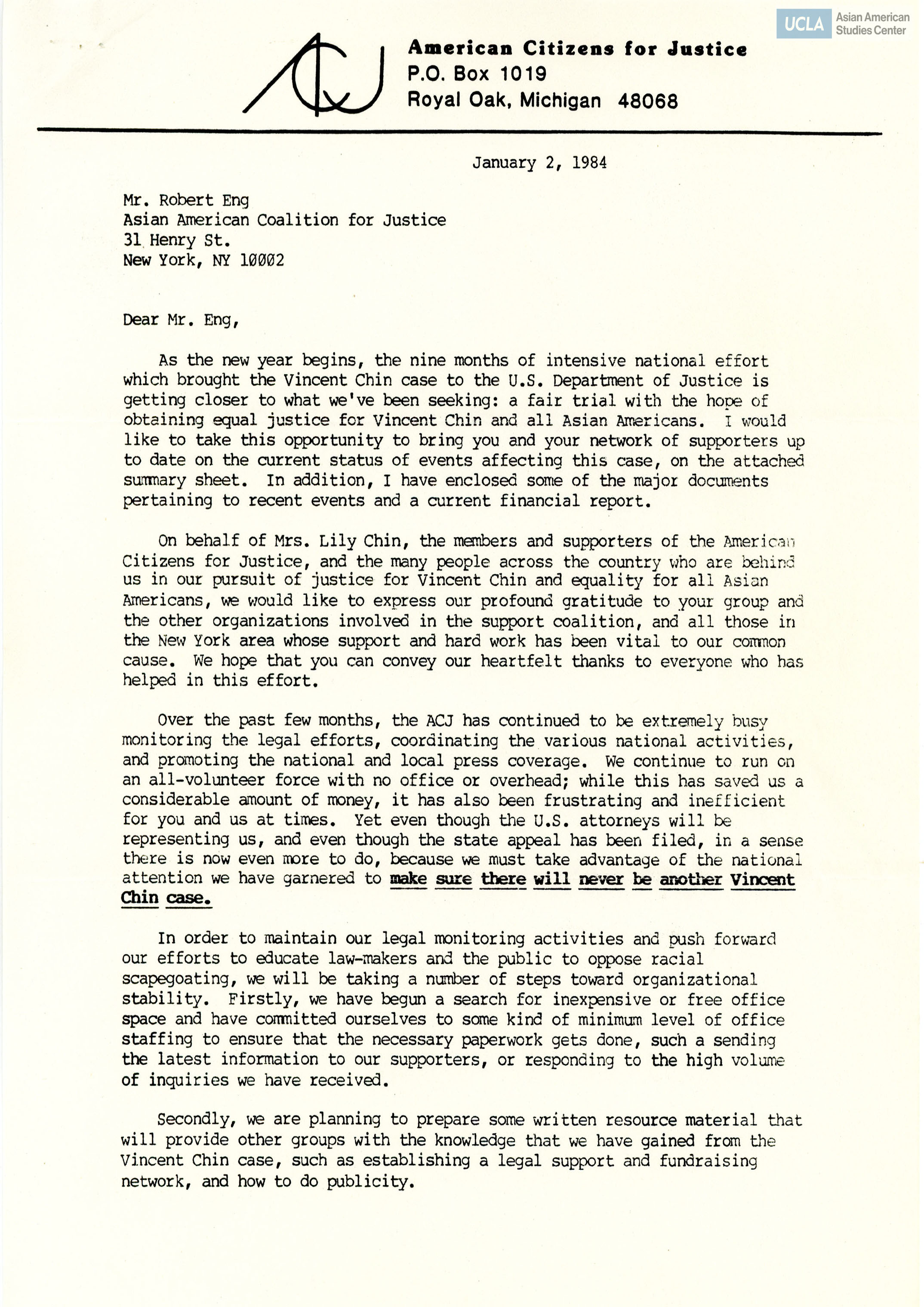 Helen Zia, President of American Citizens for Justice writes to Robert Eng on the proceedings of a fair trail in the murder of Vincent Chin.