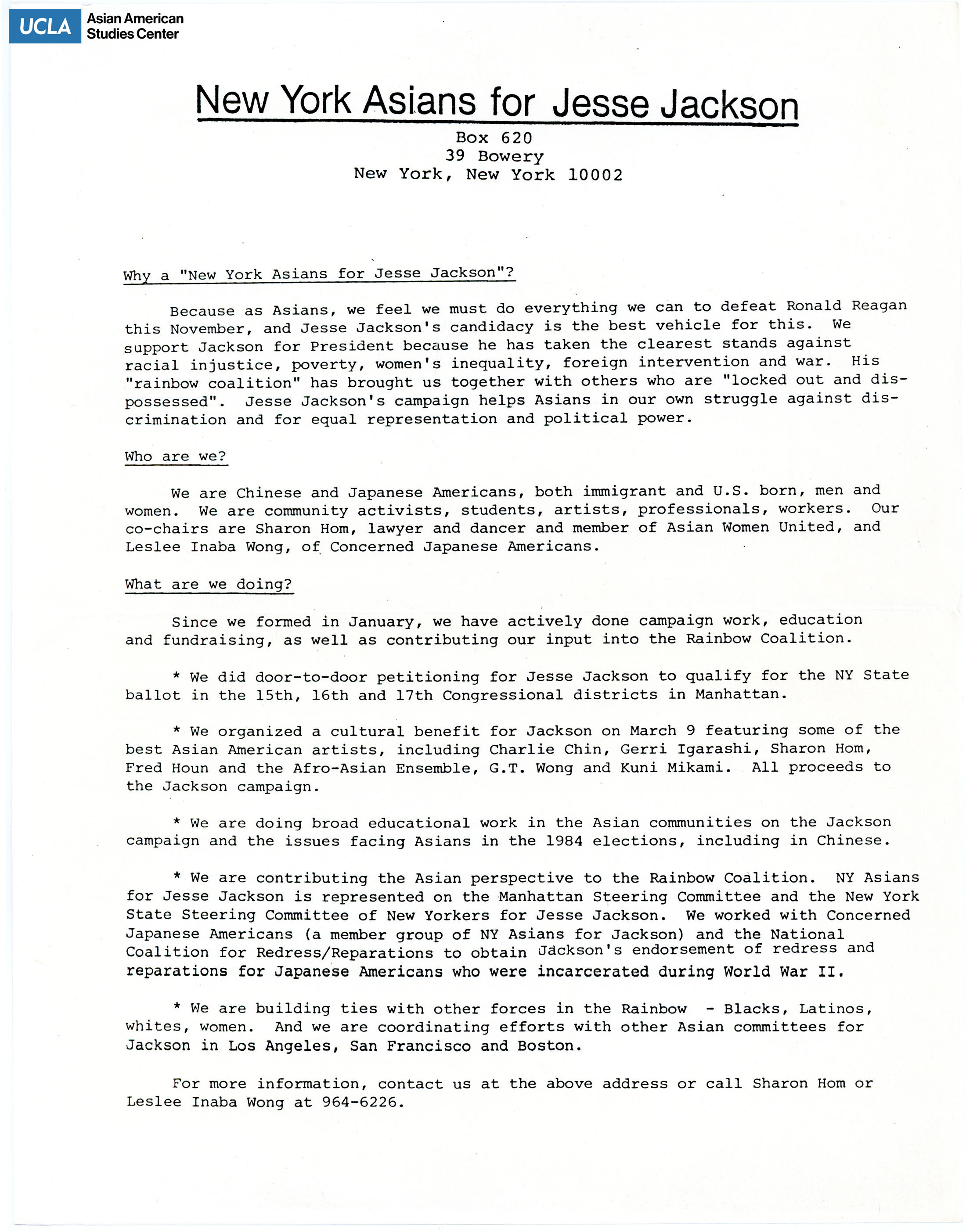 New York Asians for Jesse Jackson's presidential candidacy. Background information on New York Asians for Jesse Jackson.