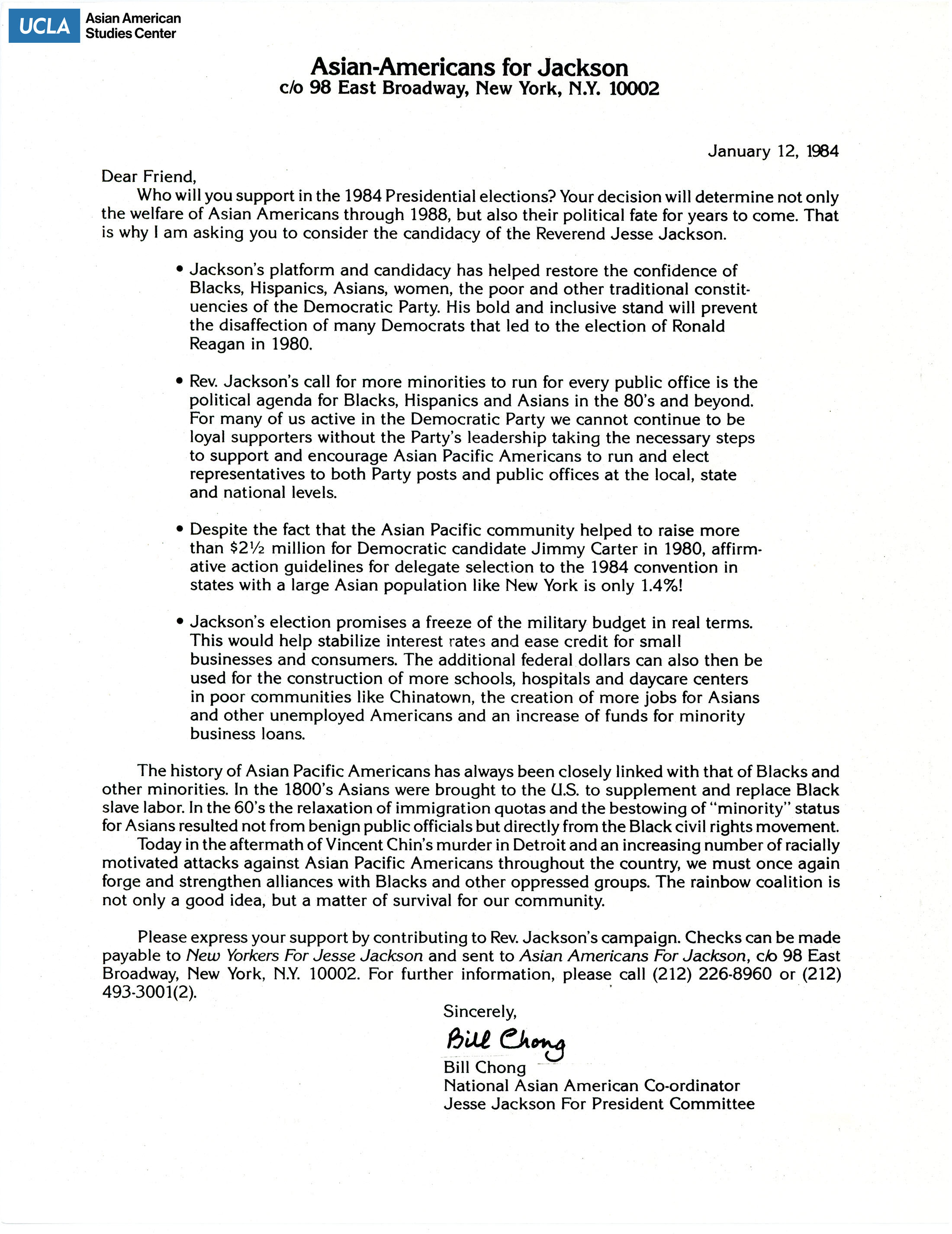 Bill Chong, National Asian American Coordinator and Jesse Jackon for President Committee writes on supporting presidential candidate Jesse Jackson.