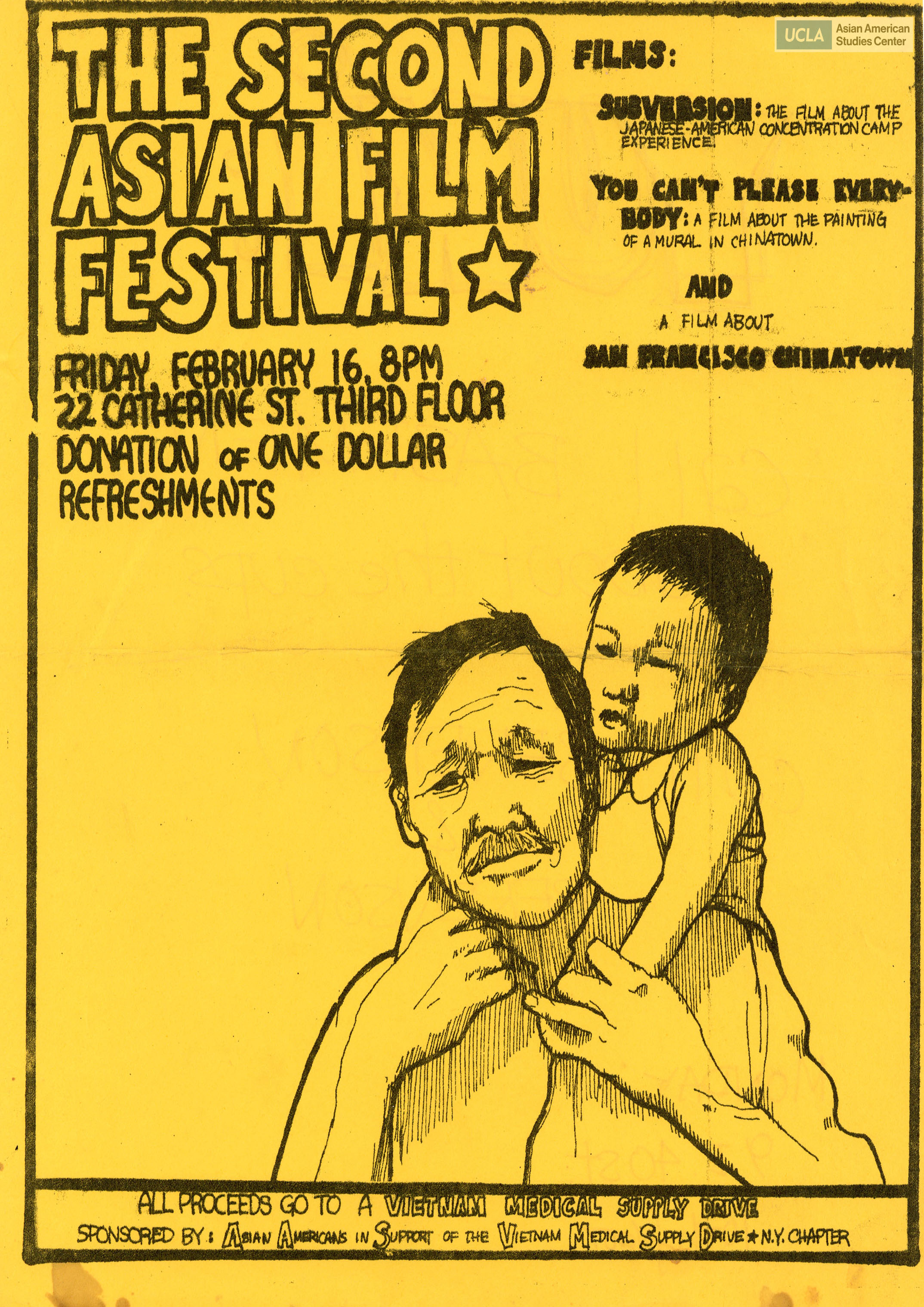 Flyer on the Second Asian Film Festival. Sponsored by: Asian Americans in support of the Vietnam medical suppy drive, New York Chapter.