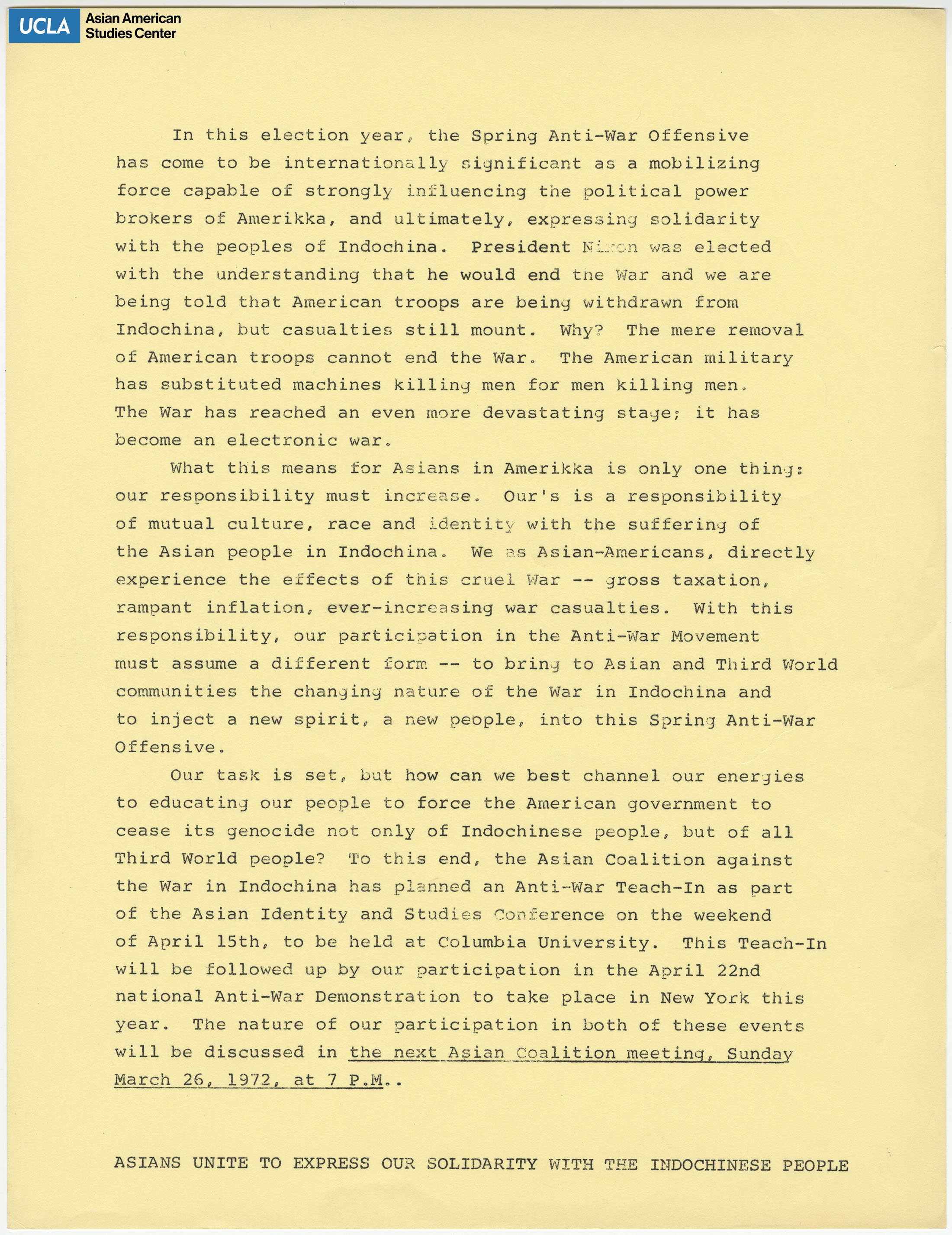 Statement regarding plans for anti-war teach ins and anti-war demonstrations in relation to the Vietnam War.