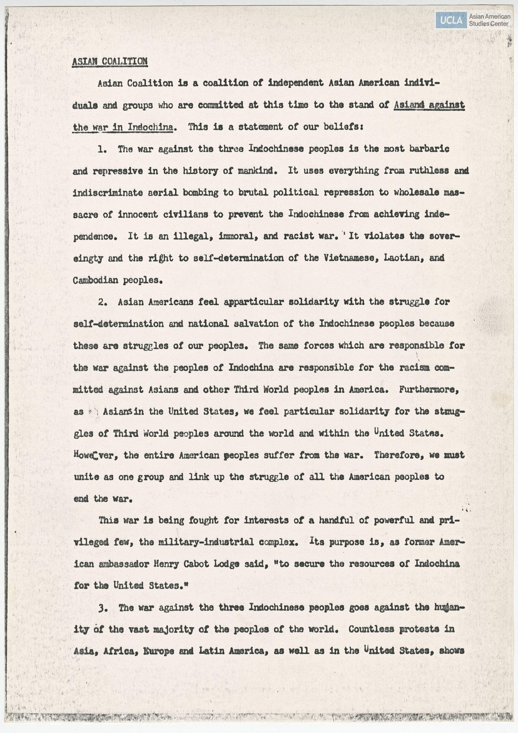 Statement of beliefs regarding solidarity against the war in Indochina.