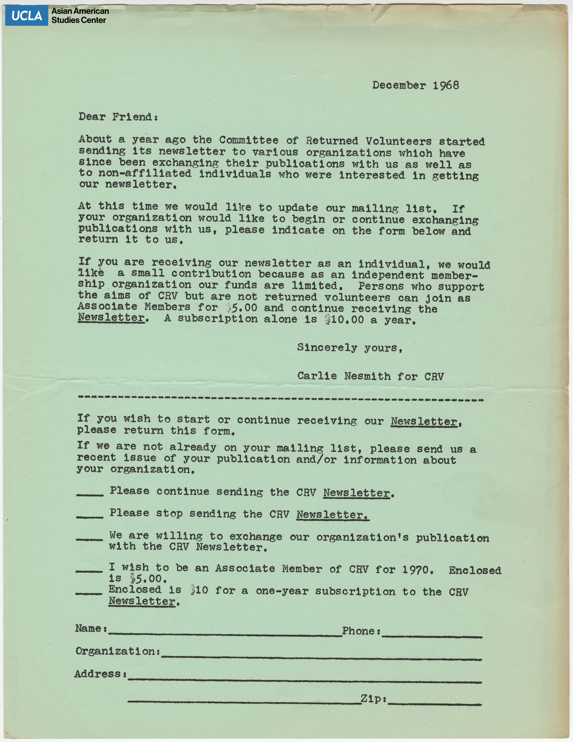 Committee of returned volunteer mailing list form. Addressed from Carlie Nesmith.