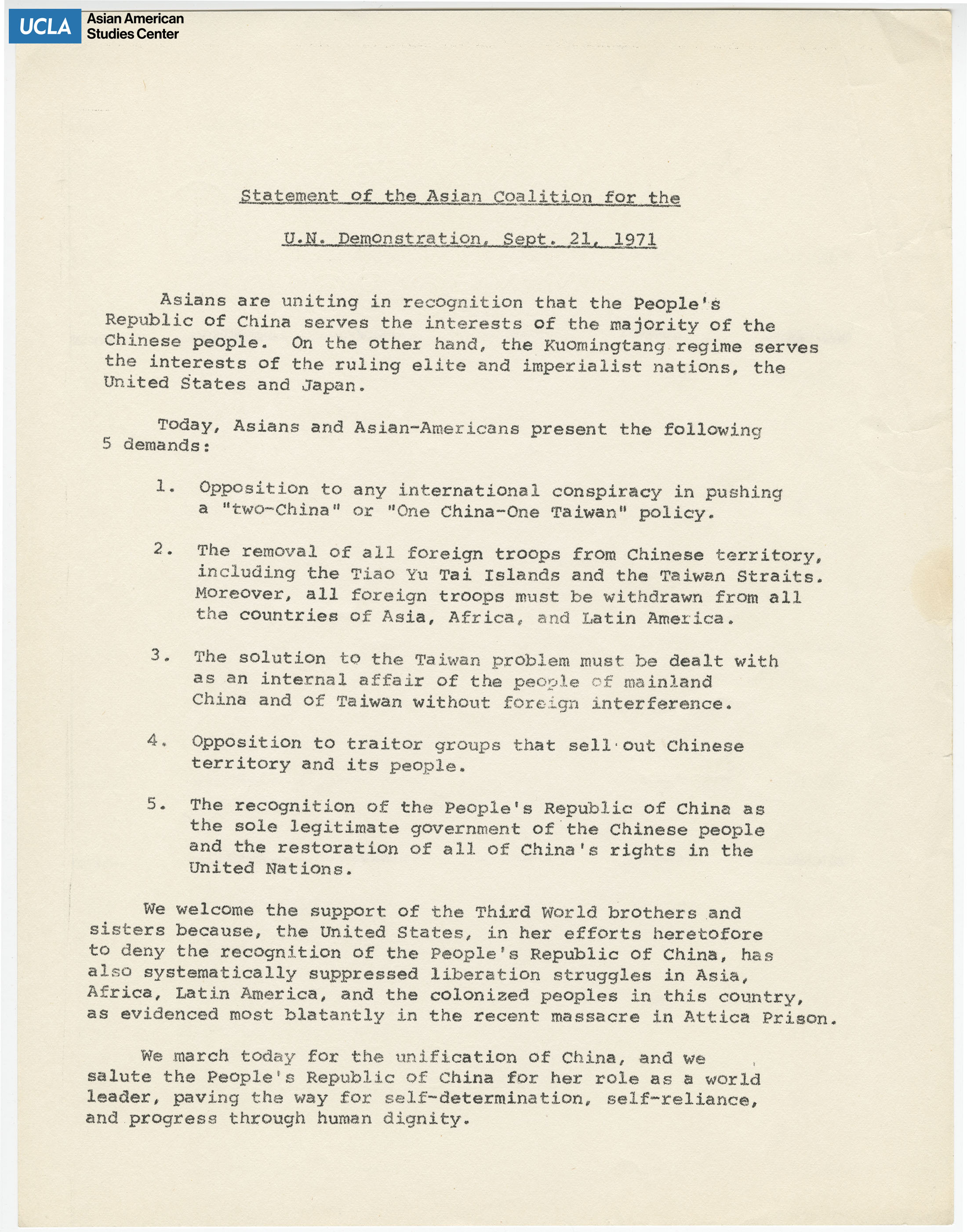 Statement of demands in solidarity of the People's Republic of China.