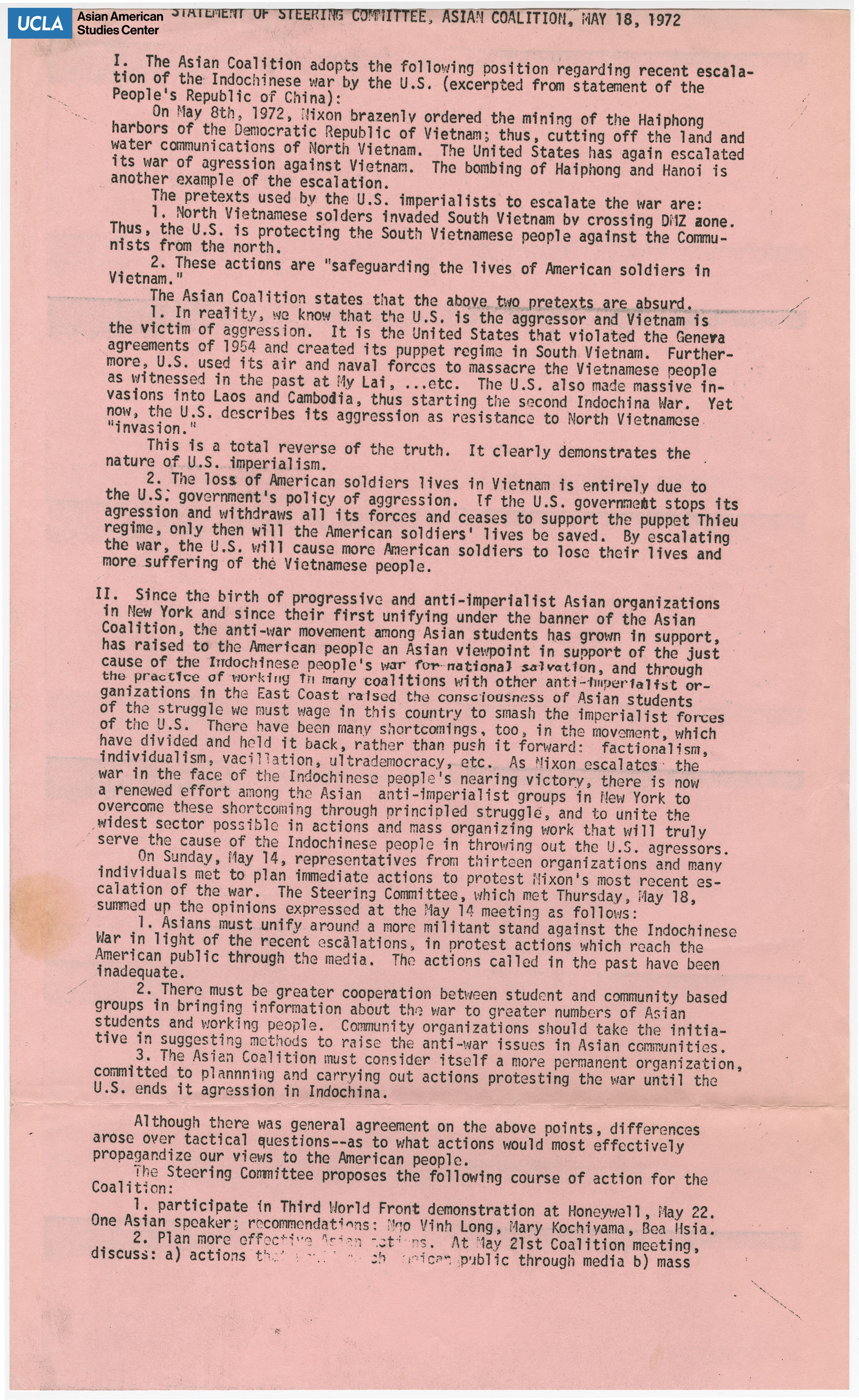 Statement regarding adopting a position against the war in Indochina.