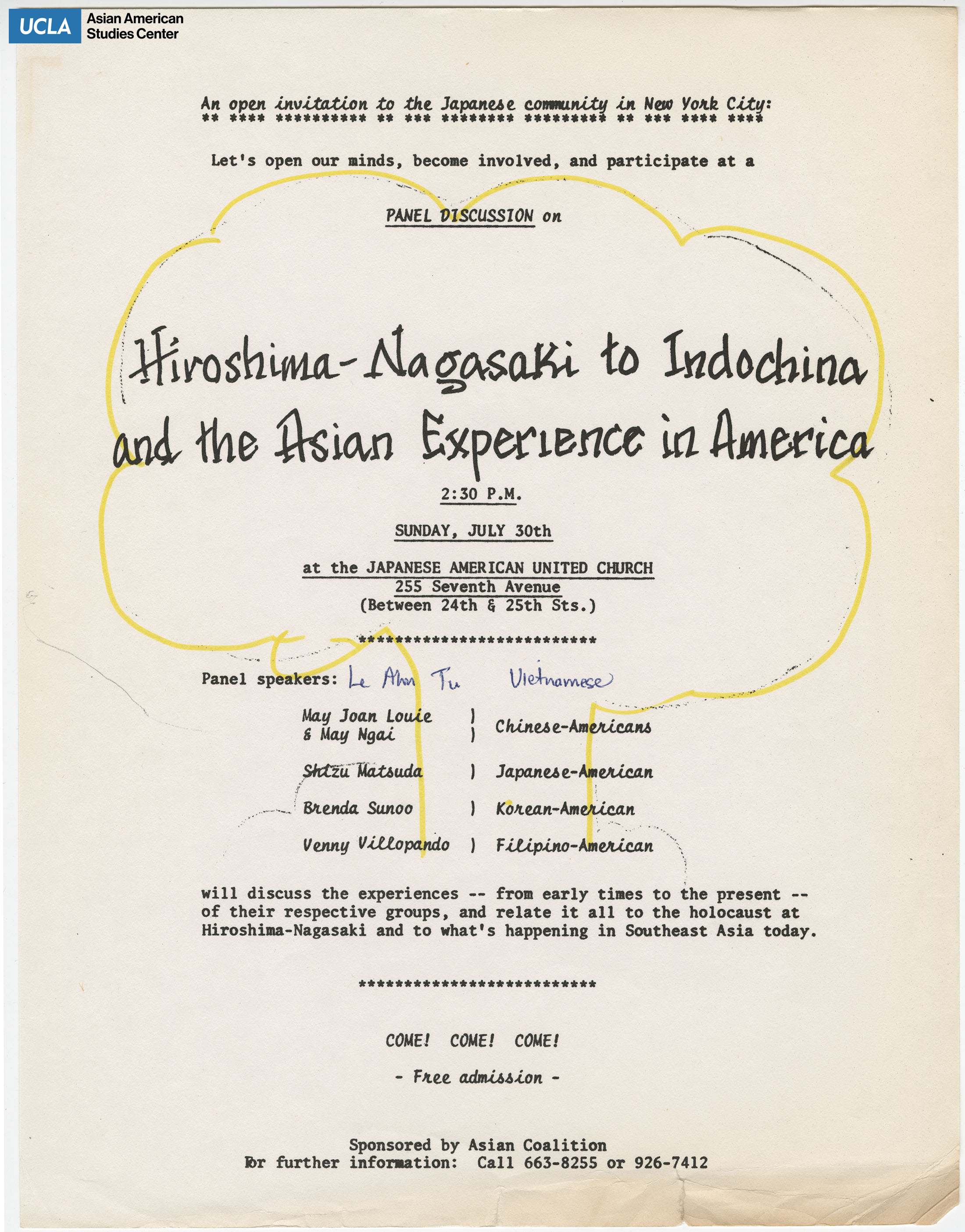 Flyer regarding a panel discussion on topics of the Hiroshima-Nagasaki bombings, war in Indochina, and the Asian American experience.