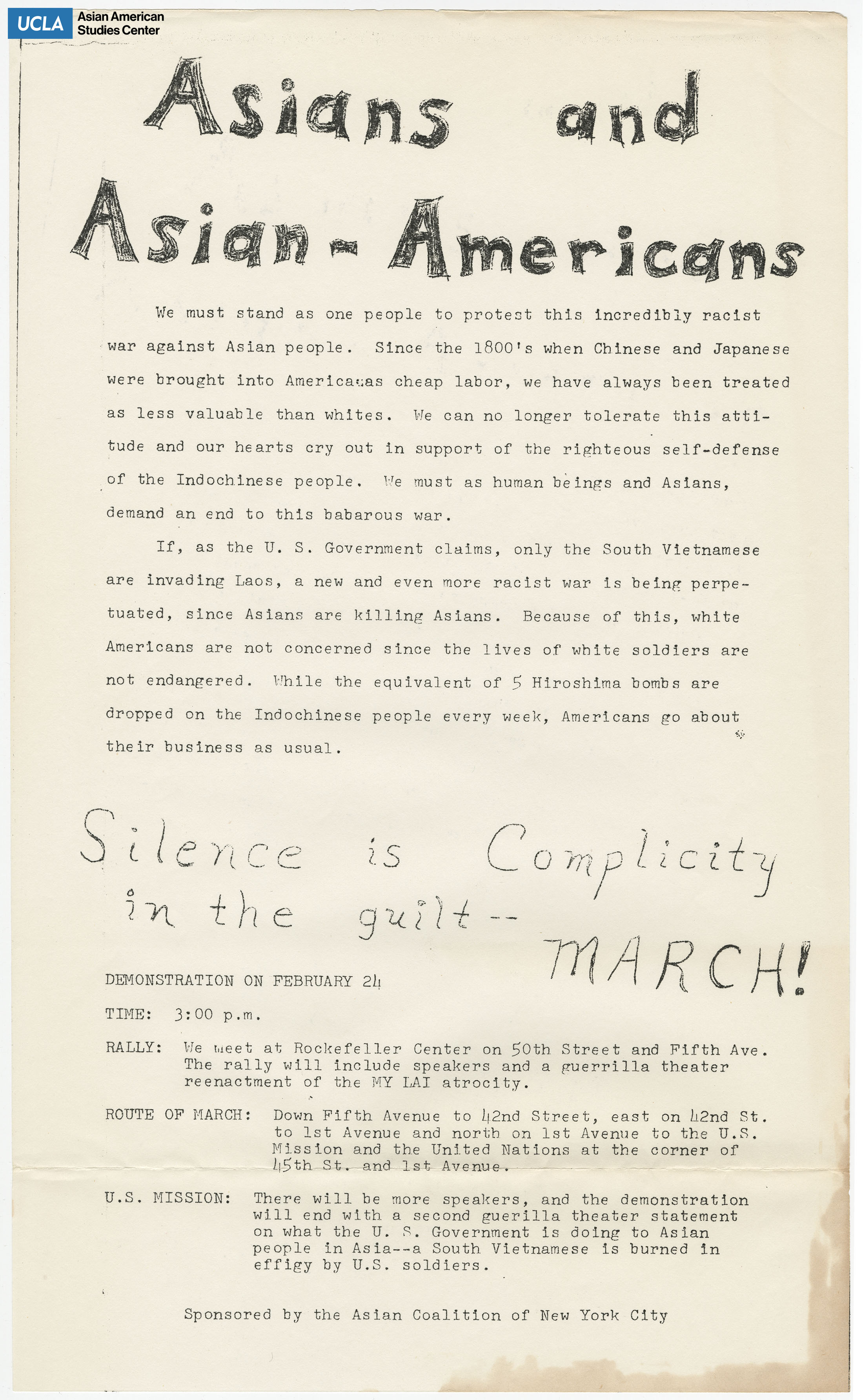 Flyer regarding Asian support for the demonstration against the war in Indochina.
