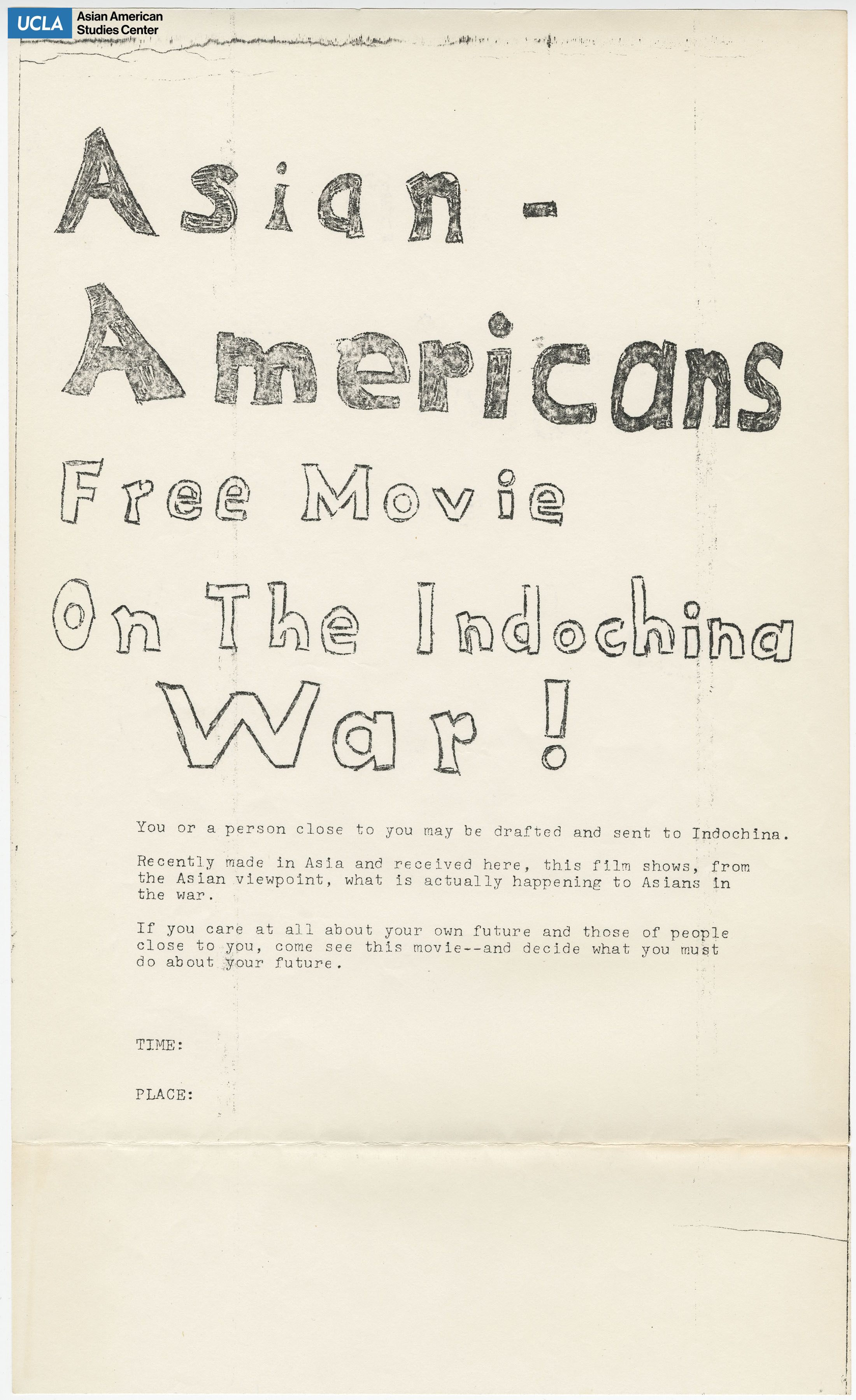 Flyer regarding a free film screening on the Indochina War.