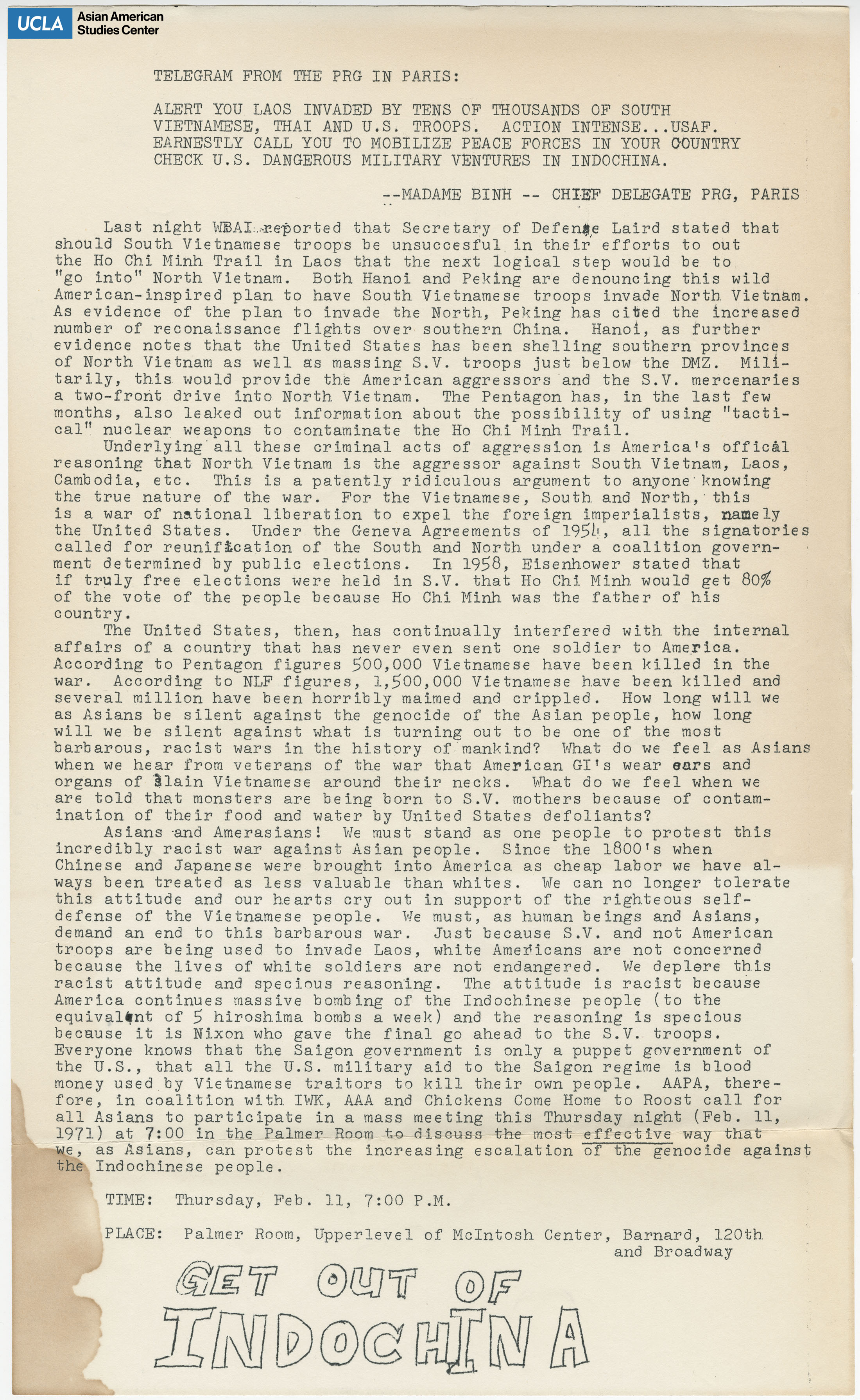 Madame Binh, Chief Delegate PRG, regarding a statement on the Indochina War.