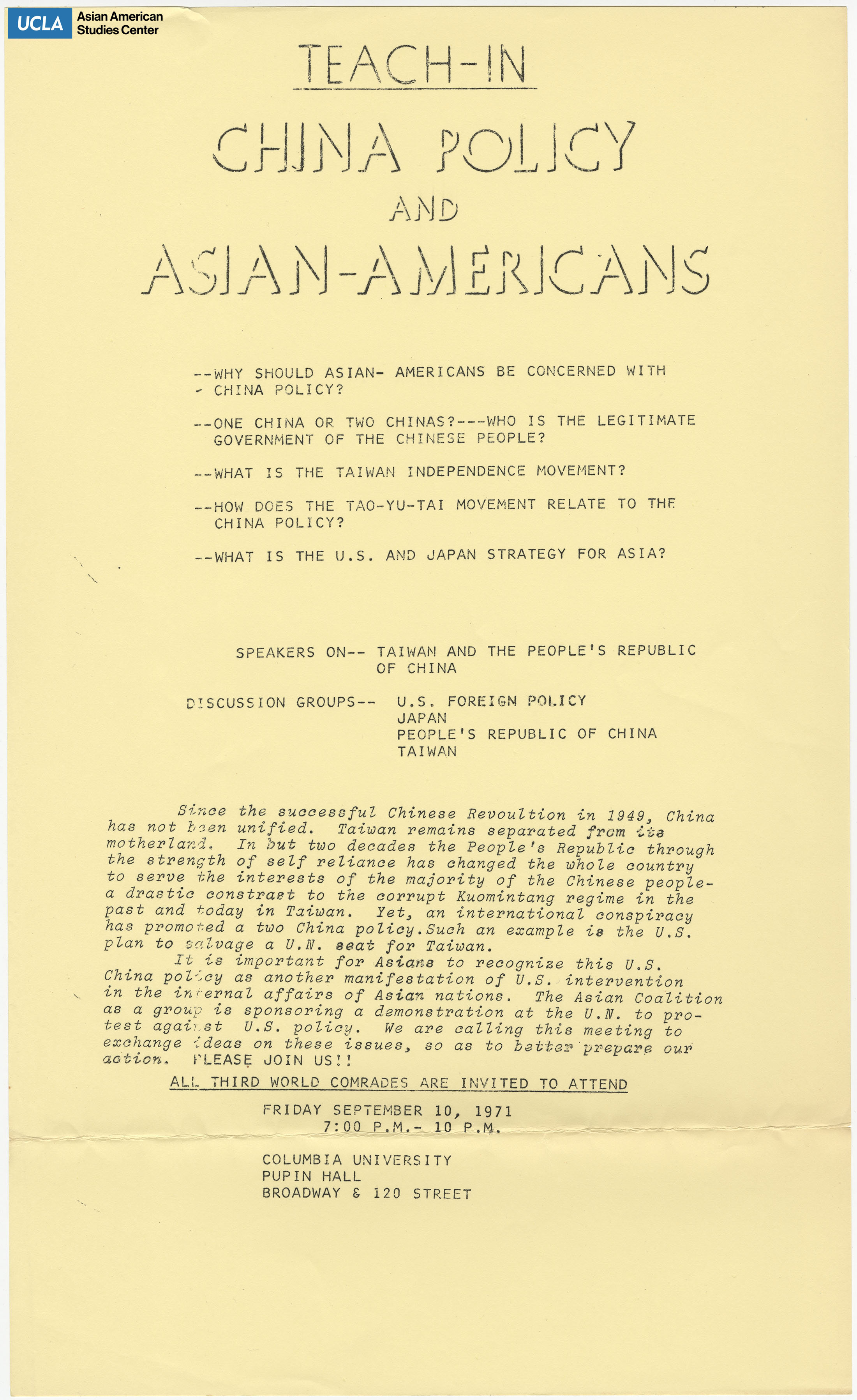 Flyer regarding a teach-in event on China and Taiwan policies.