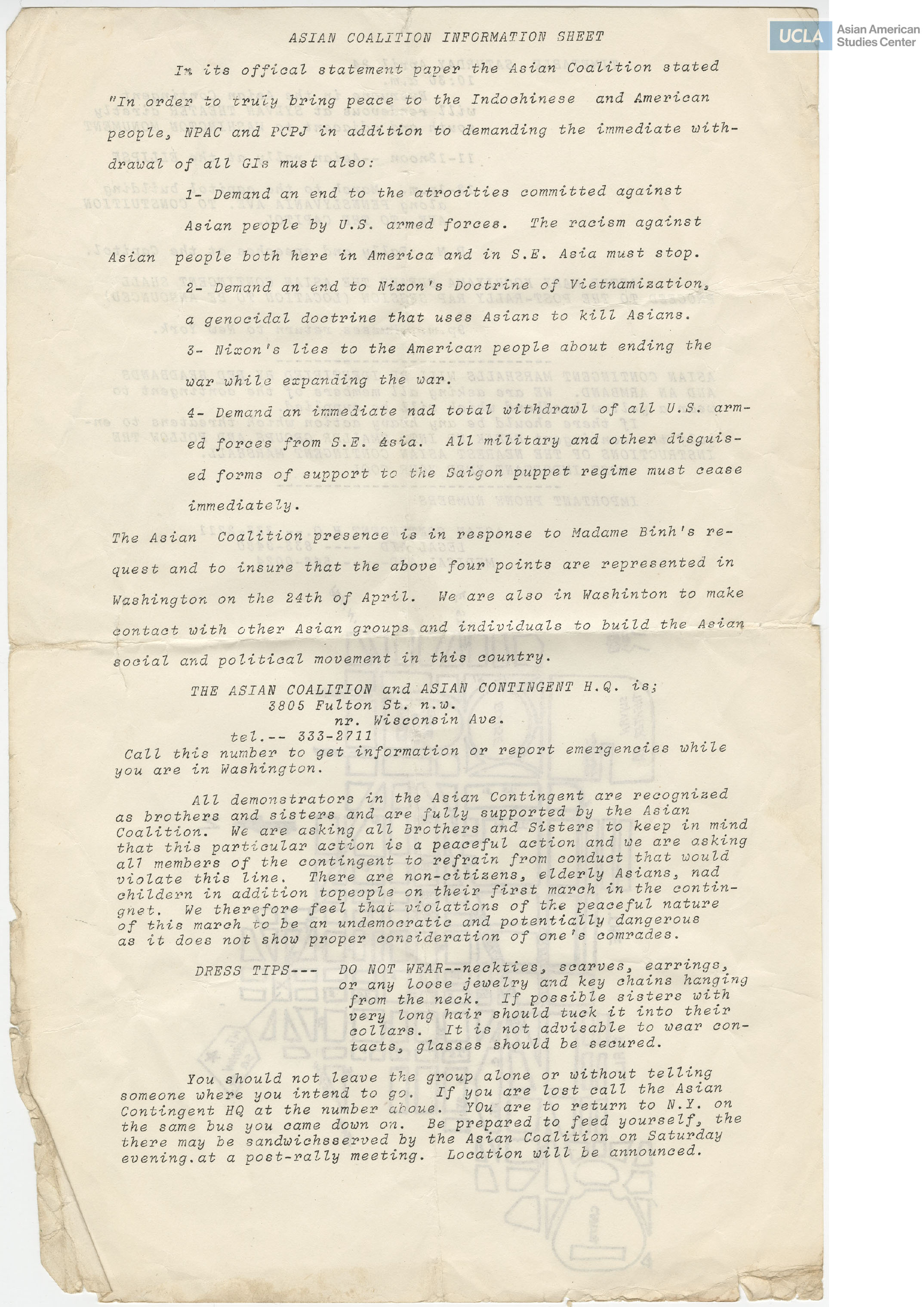 Asian Coalition flyer on Indochina and American relations.