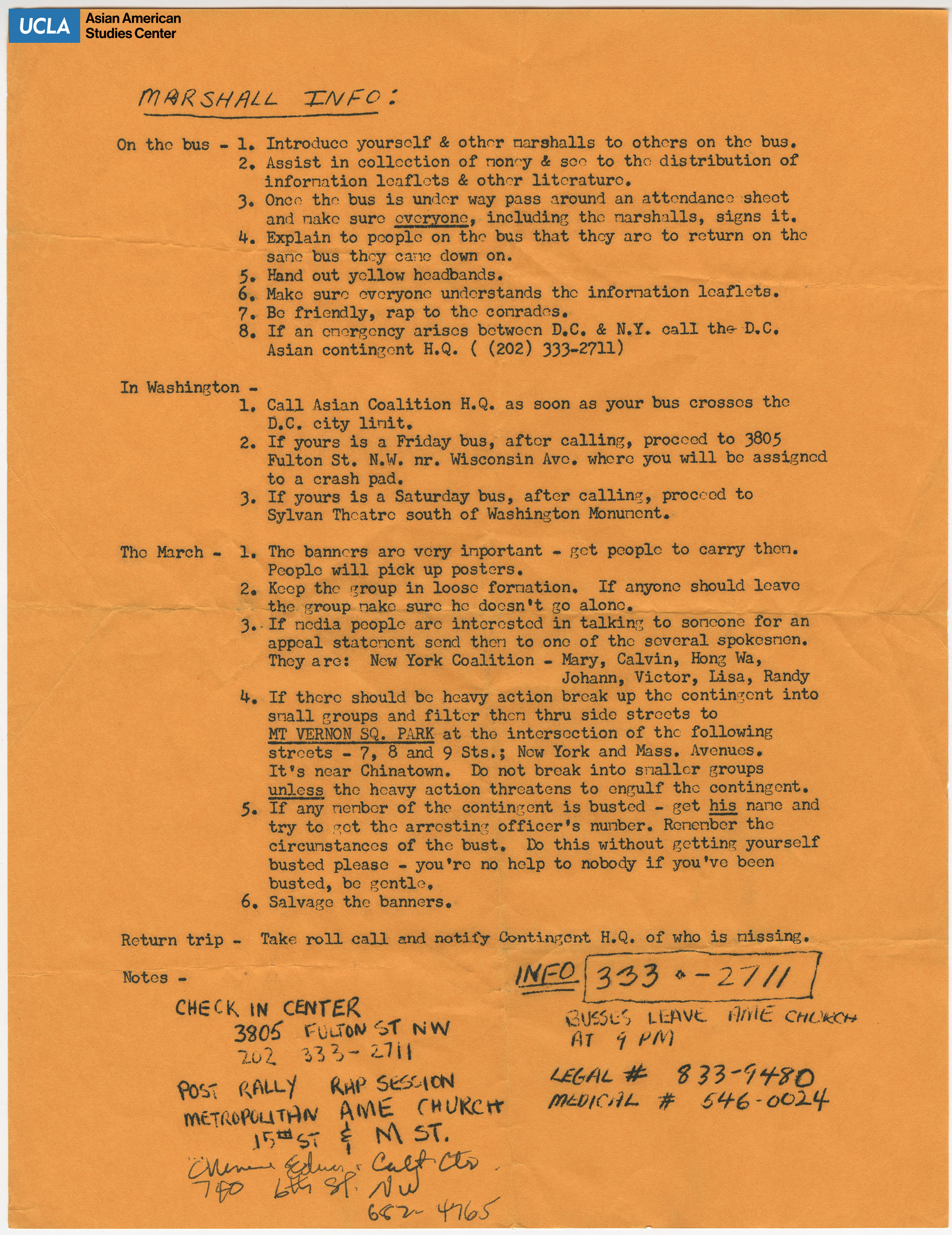 Asian Coalition marshall instructions for a trip to Washington, D.C.