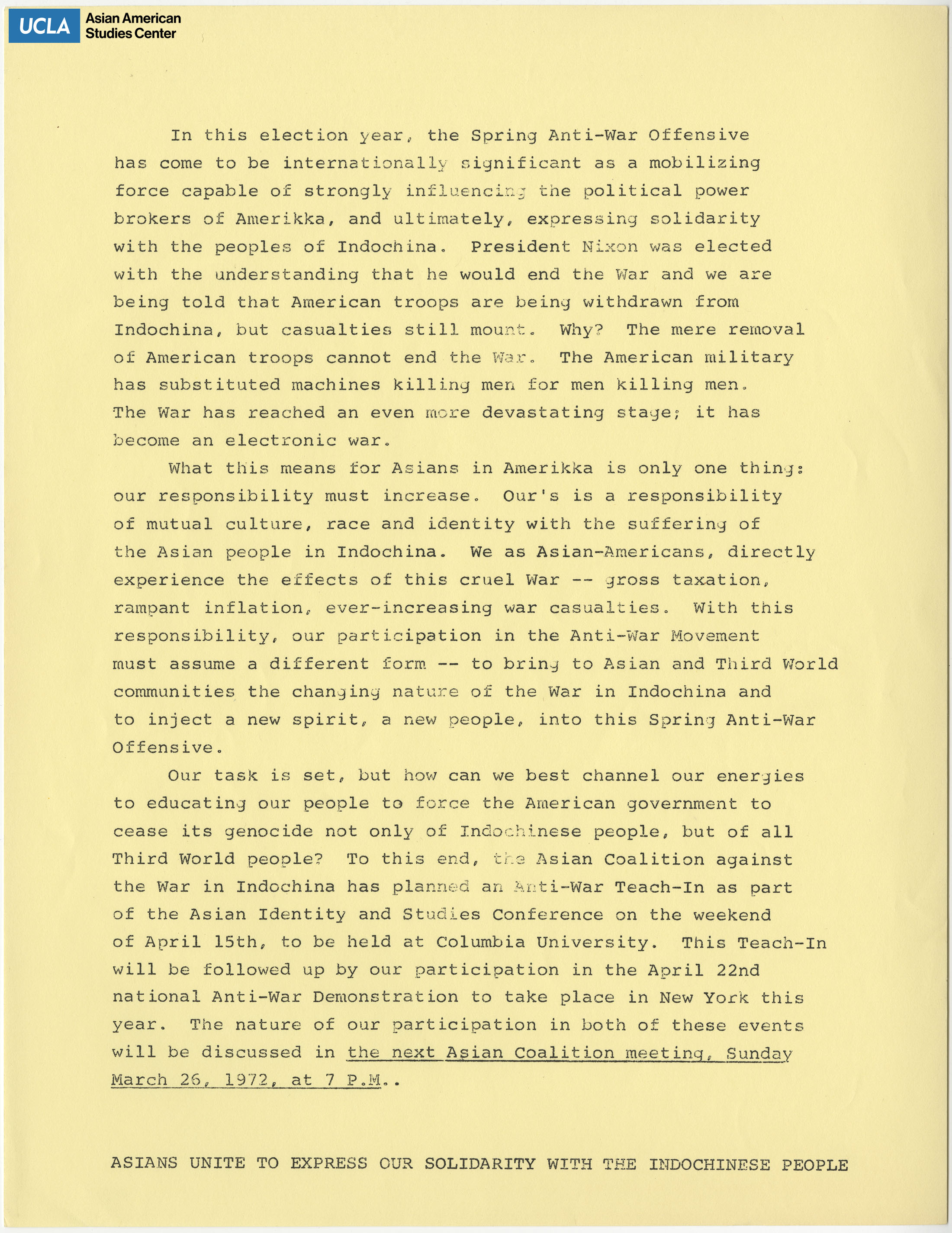 Asian Coalition statement on the Indochina war.