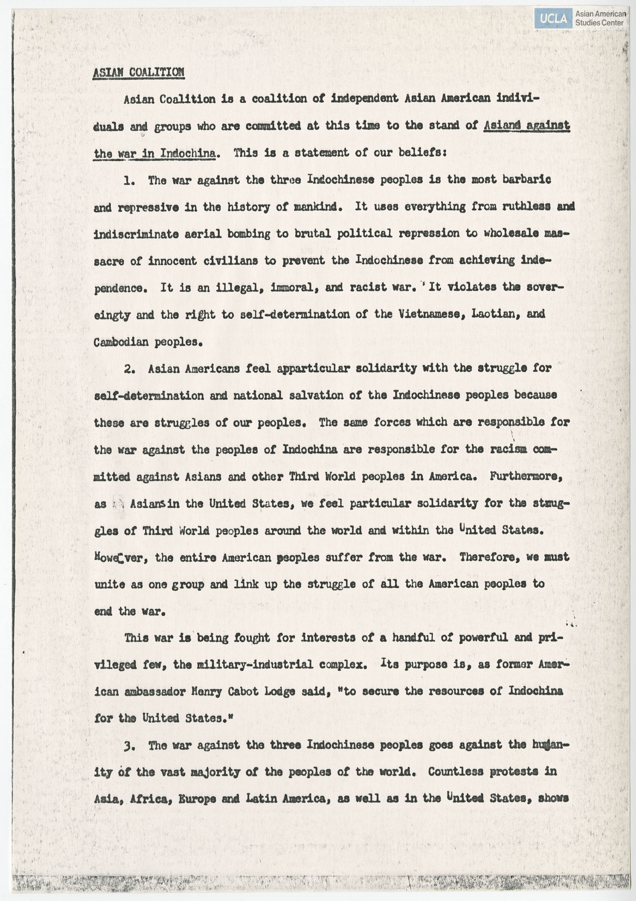 Asian Coalition's statement of beliefs against the war in Indochina.
