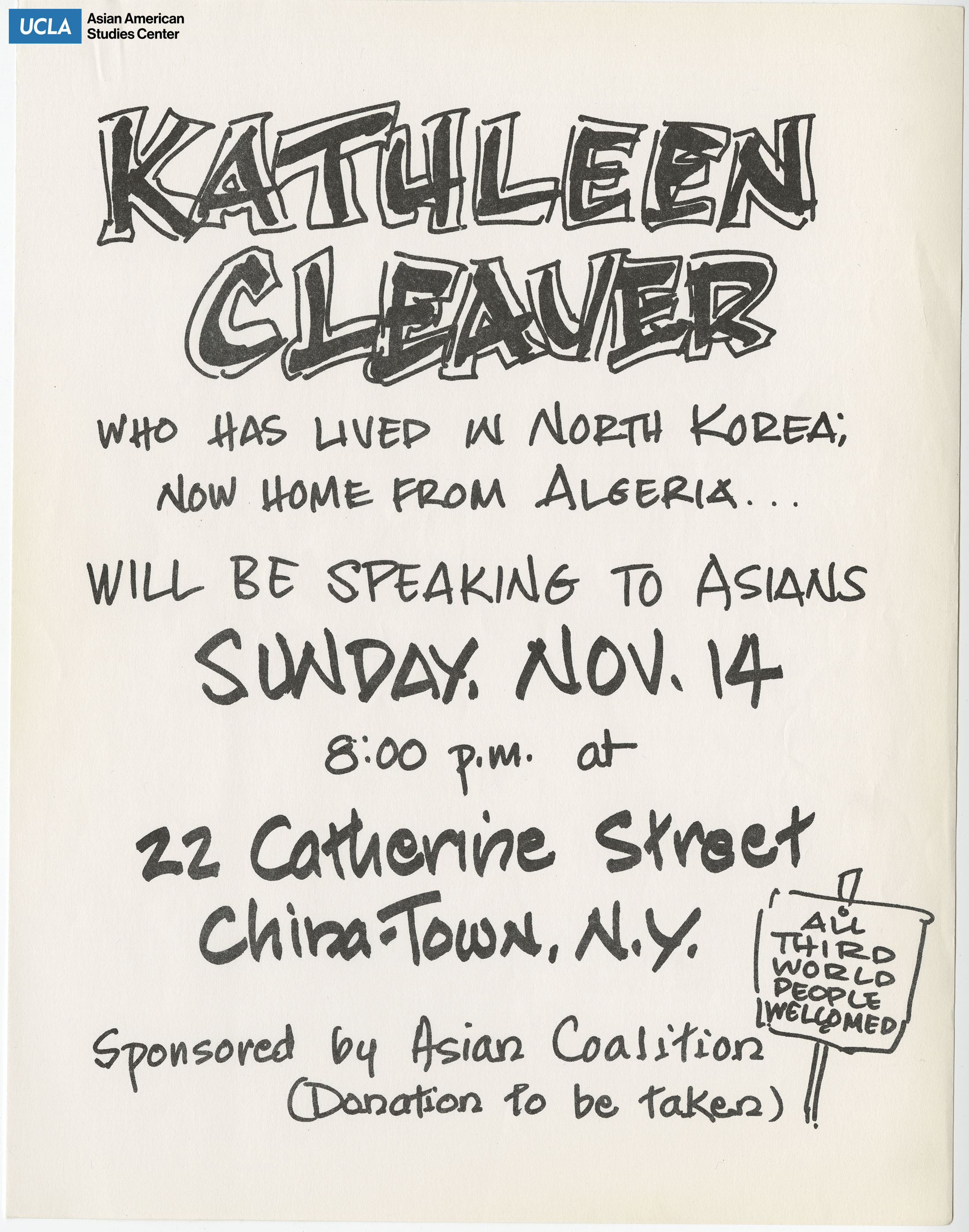 Kathleen Cleaver of the Black Panthers speaks at event. Sponsored by Asian Coalition.