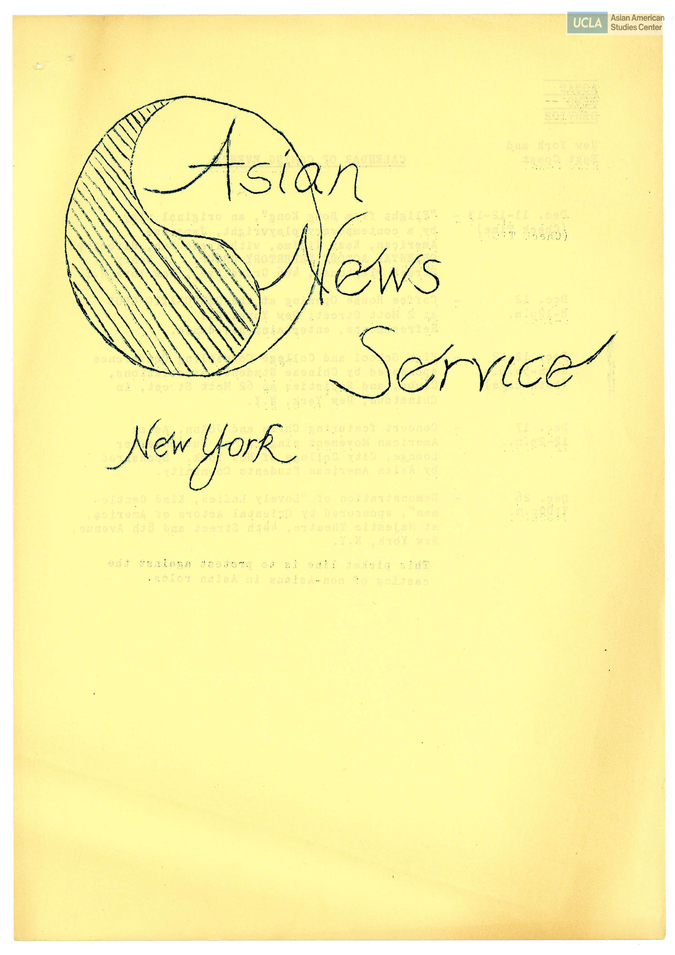 Asian News Service calendar of coming events.