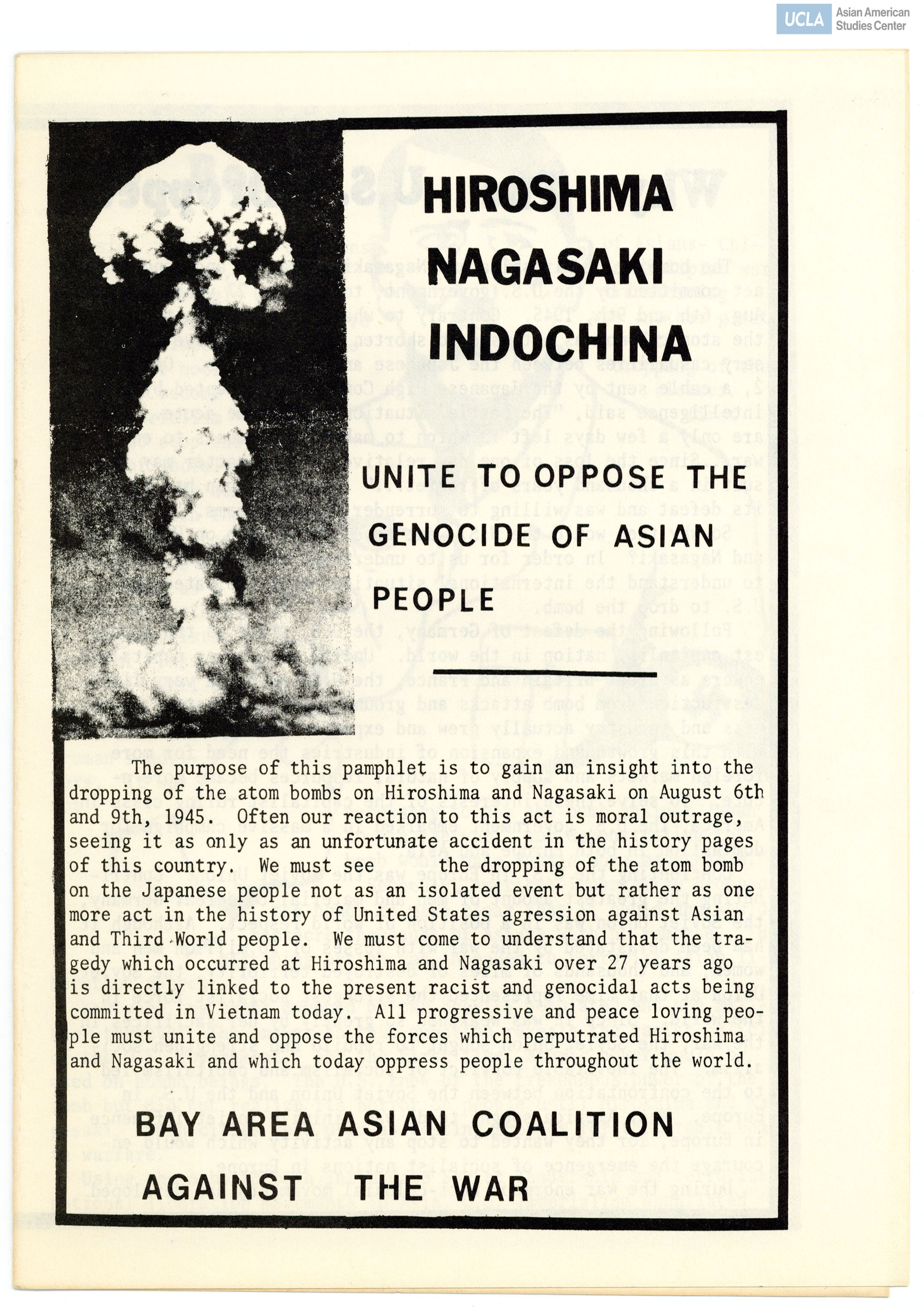 Bay Area Asian Coalition pamphlet on against the Indochina war.