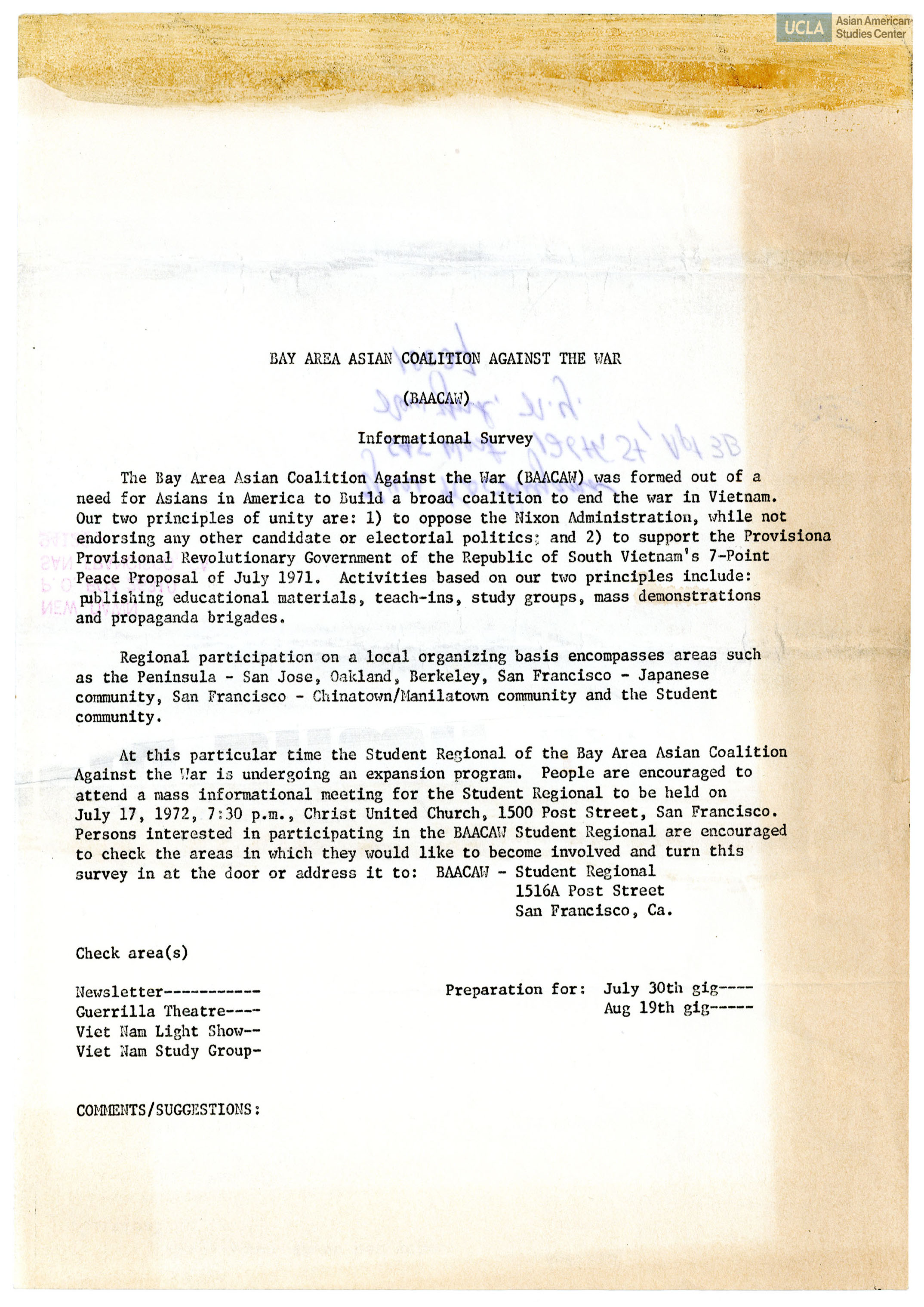Bay Area Asian Coalition survey on the Vietnam War.