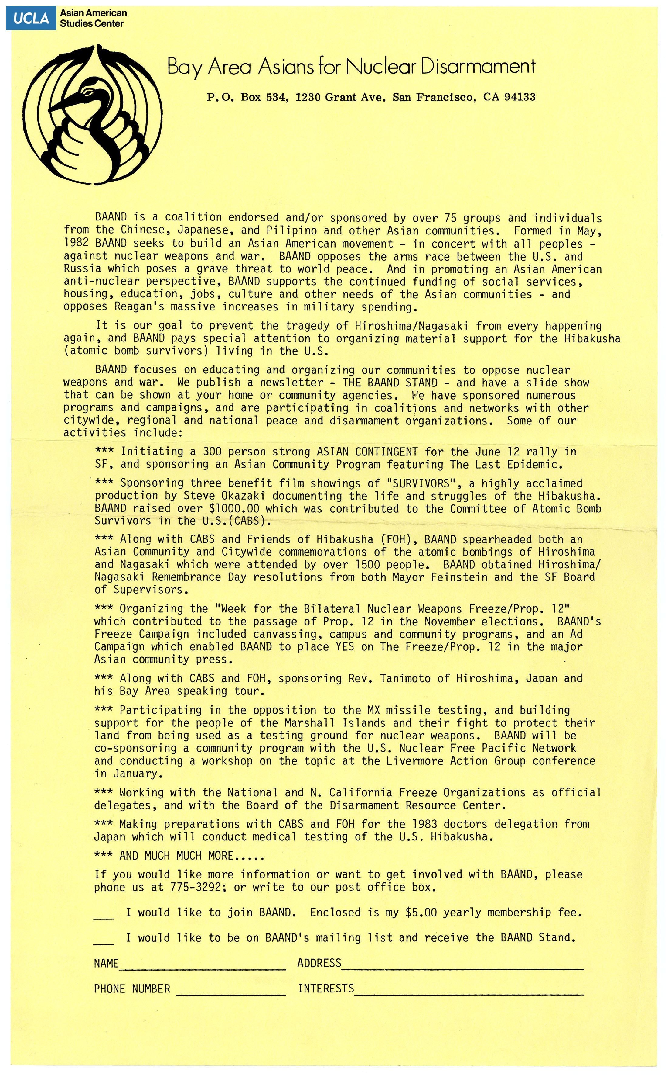 Bay Area Asians for Nuclear Disarmament regarding a form for membership.