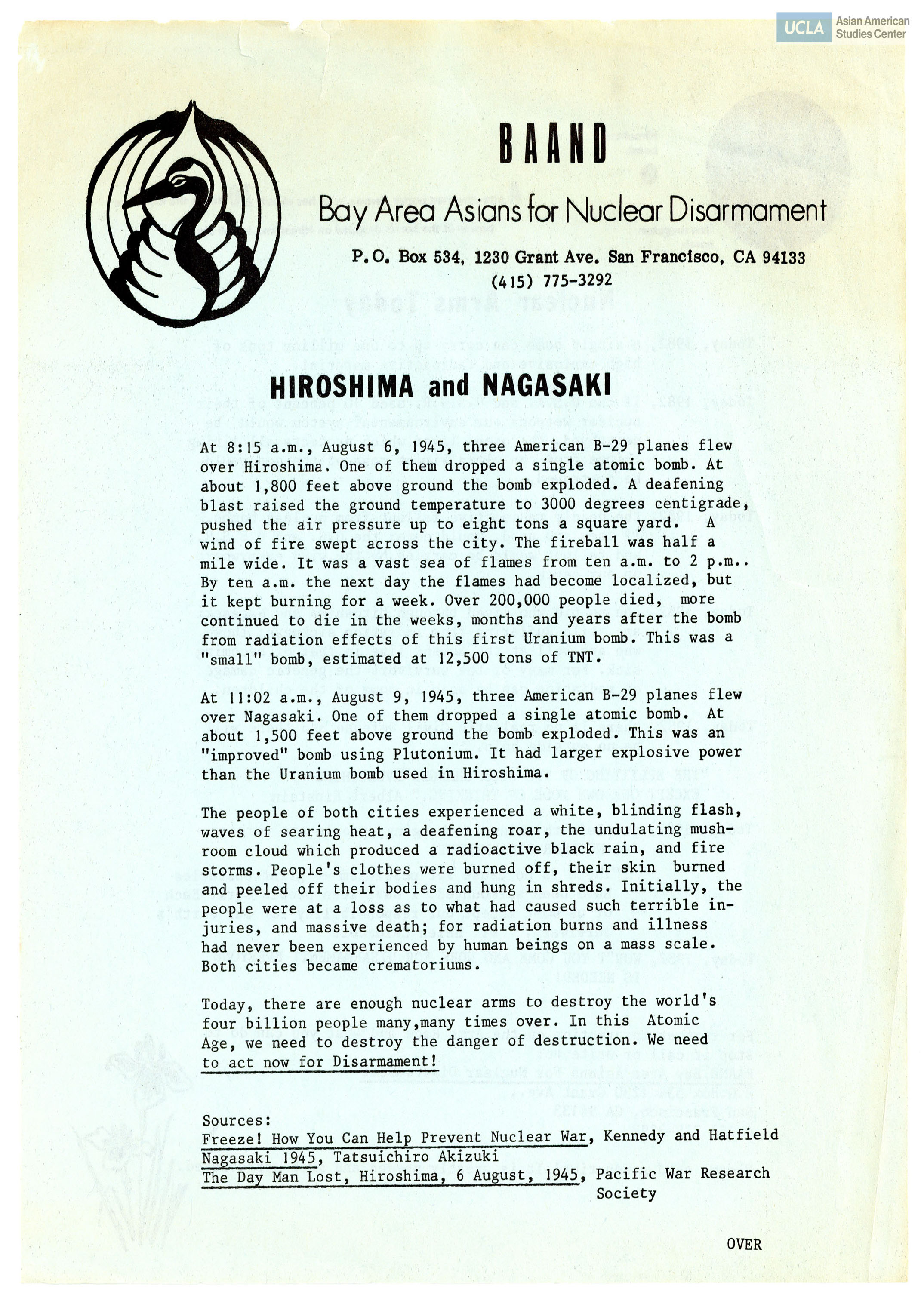 Bay Area Asian Nuclear Disarmament flyer on Hiroshima and Nagasaki bombings.