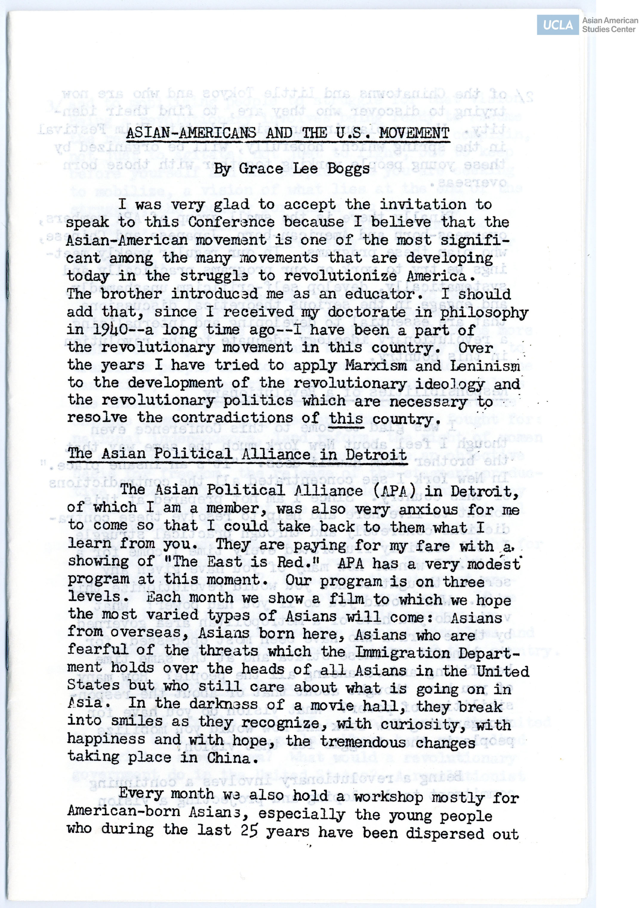 Grace Lee Boggs writes on Asian Americans and the U.S. movement.