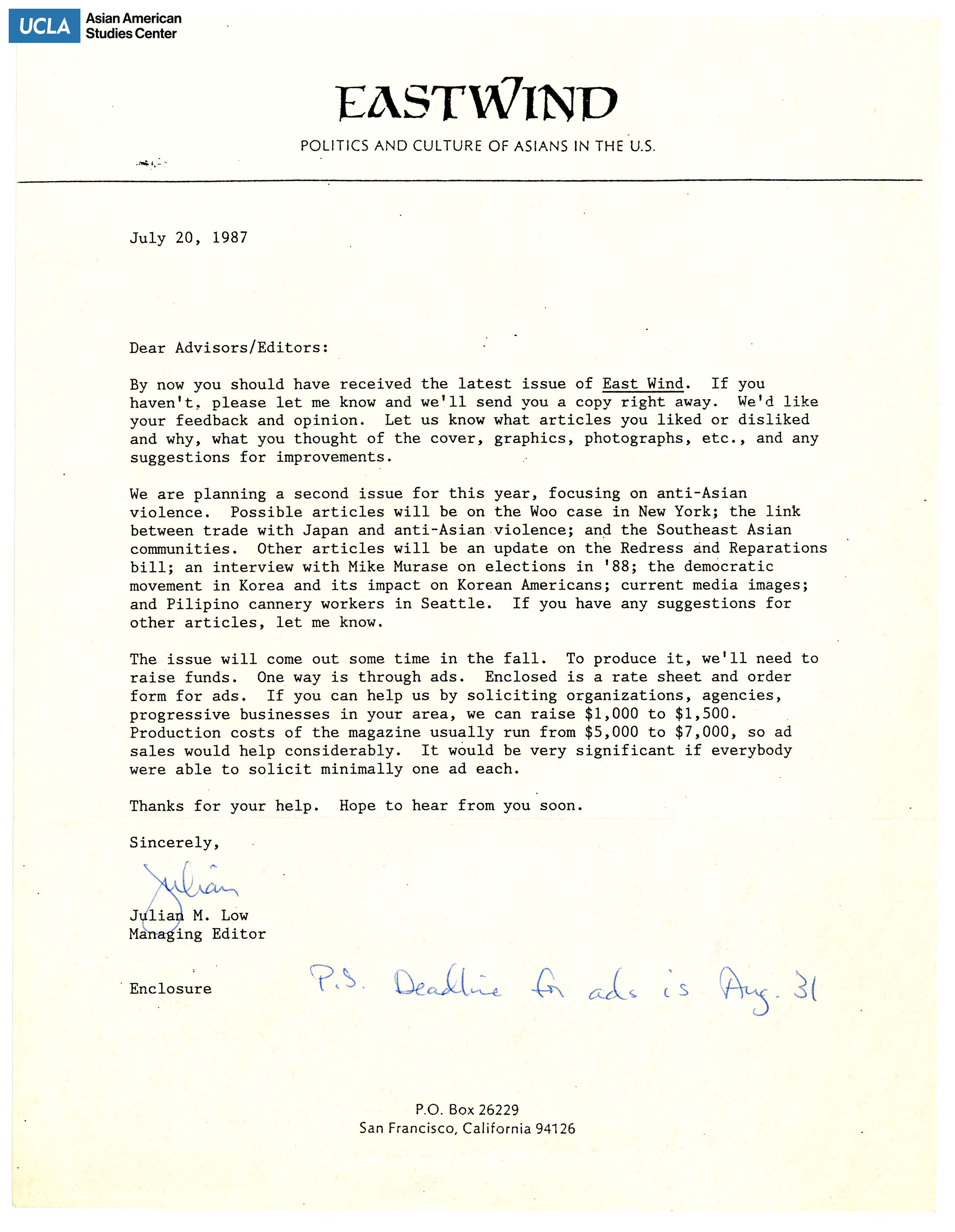 Julian M. Low, Managing Editor writes to advisor and editors on the issue of East Wind.