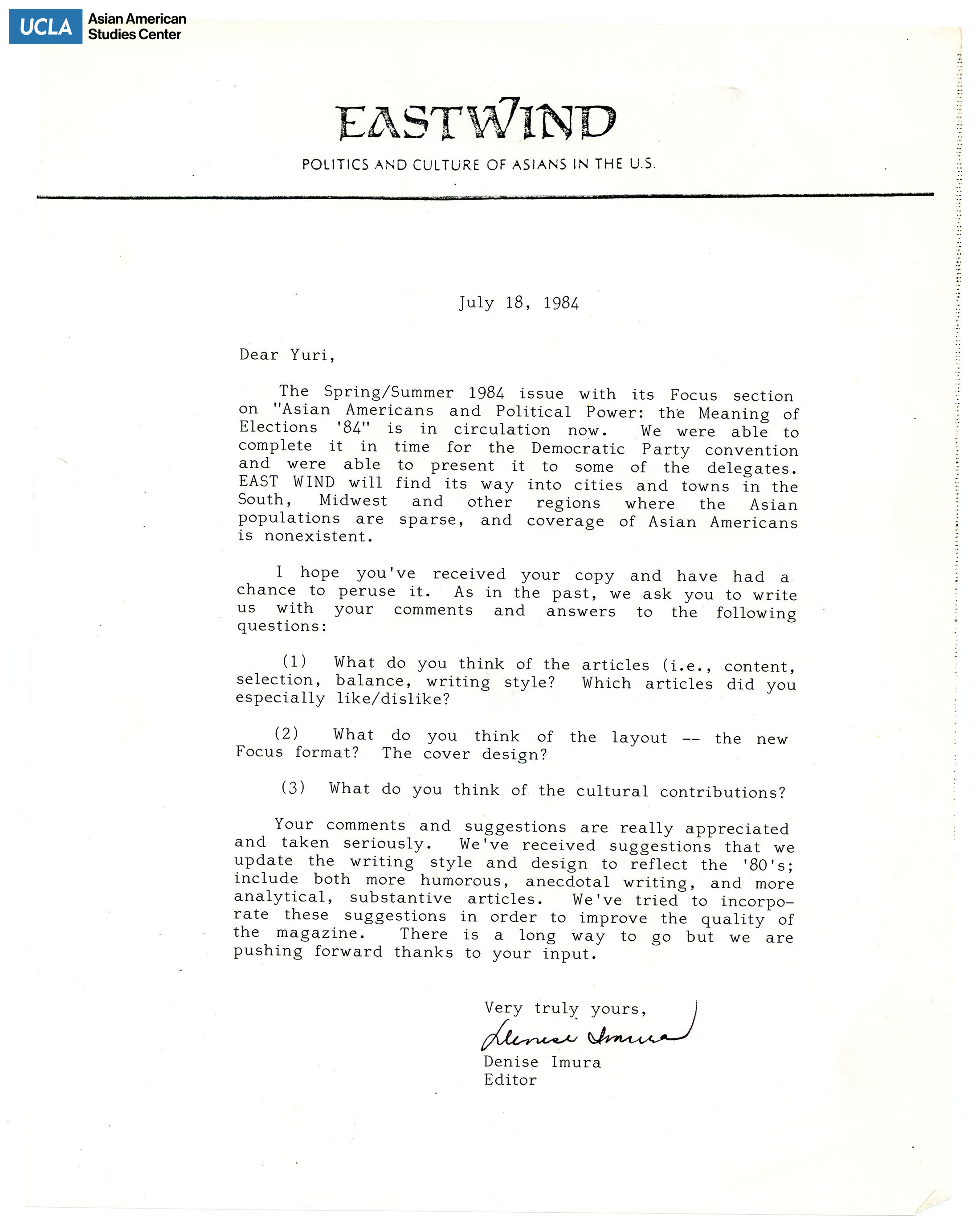 Denise Imura, Editor of East Wind writes to Yuri on the Spring/Summer issue.