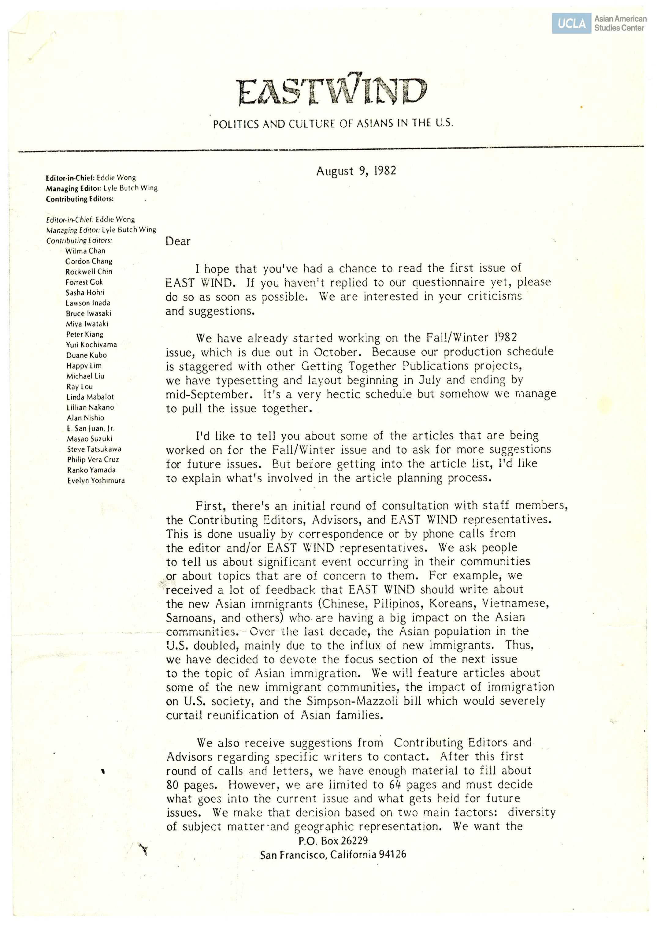 Eddie Wong, editor of East Wind. Letter on contributing to the next issue. Eddie Wong served as the editor for 