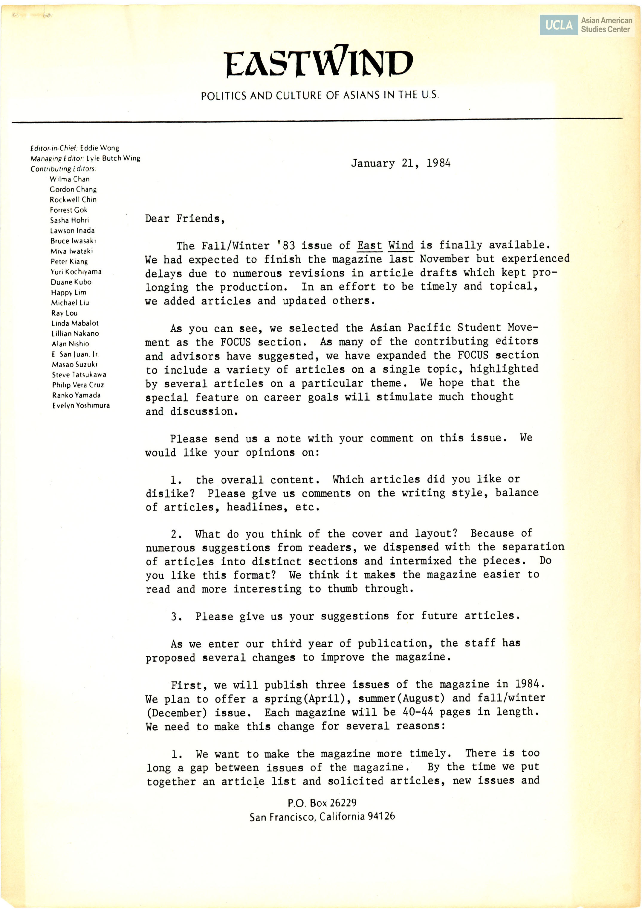 Eddie Wong writes regarding the publication of the East Wind issue.
