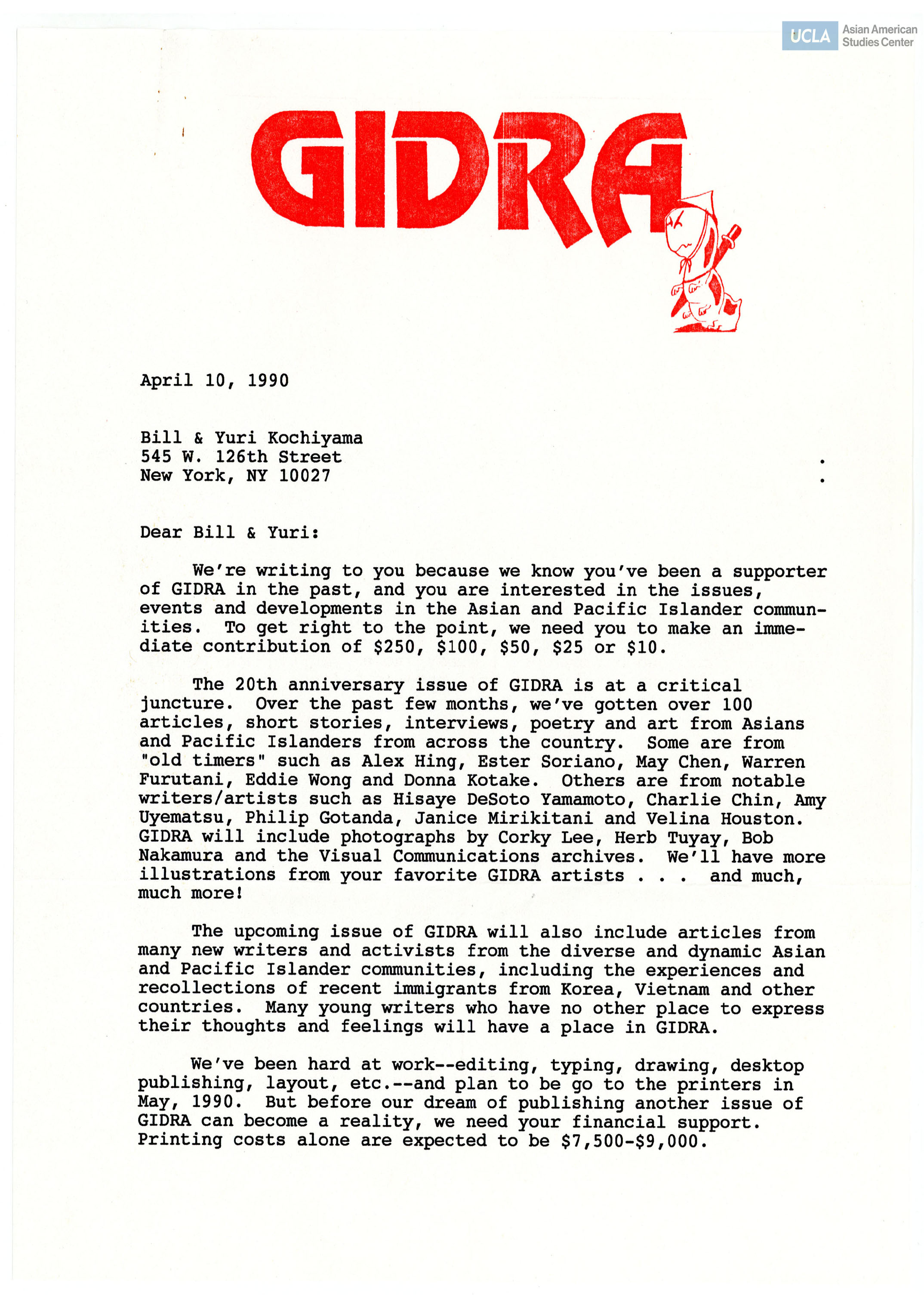 Evelyn Yoshimura, Doug Aihara, Bruce Iwasaki, Mike Murase of Gidra write to Bill and Yuri. Formed in 1969, Gidra was a monthly newsletter published out of UCLA Asian American Studies Center. Gidra documented the activism of the Asian American Movement and the fight for ethnic studies in colleges.