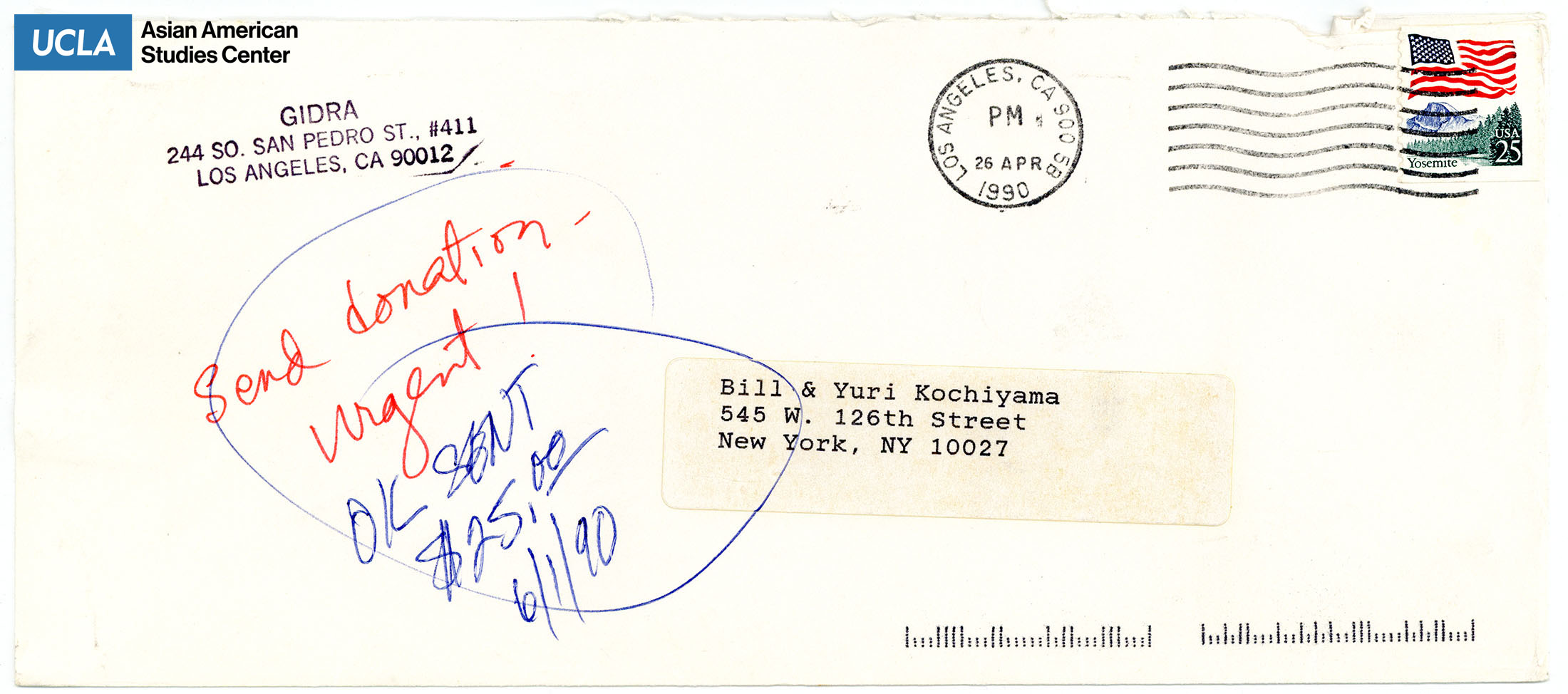 Envelope from Gidra Addressed to Bill and Yuri Kochiyama.