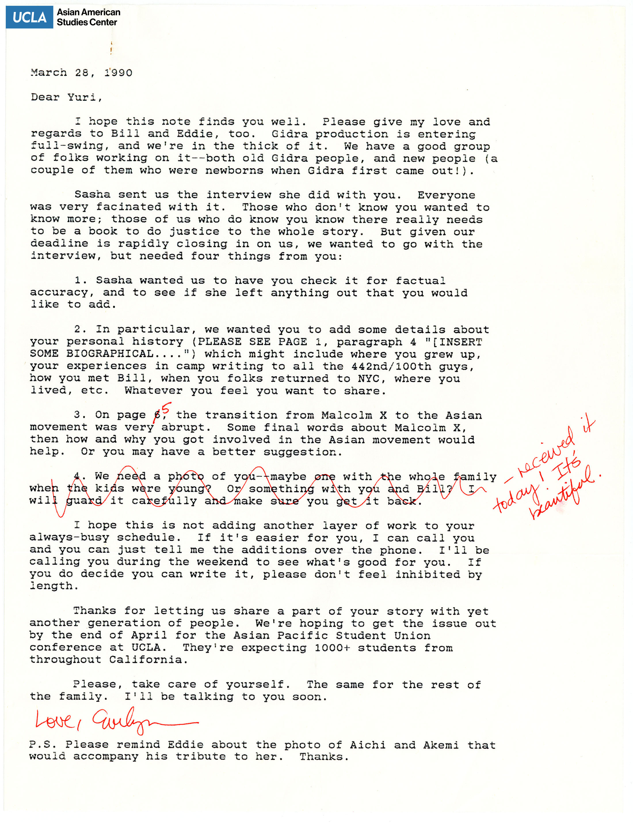 Eveyln Yoshimura from Gidra writes to Yuri Kochiyama.