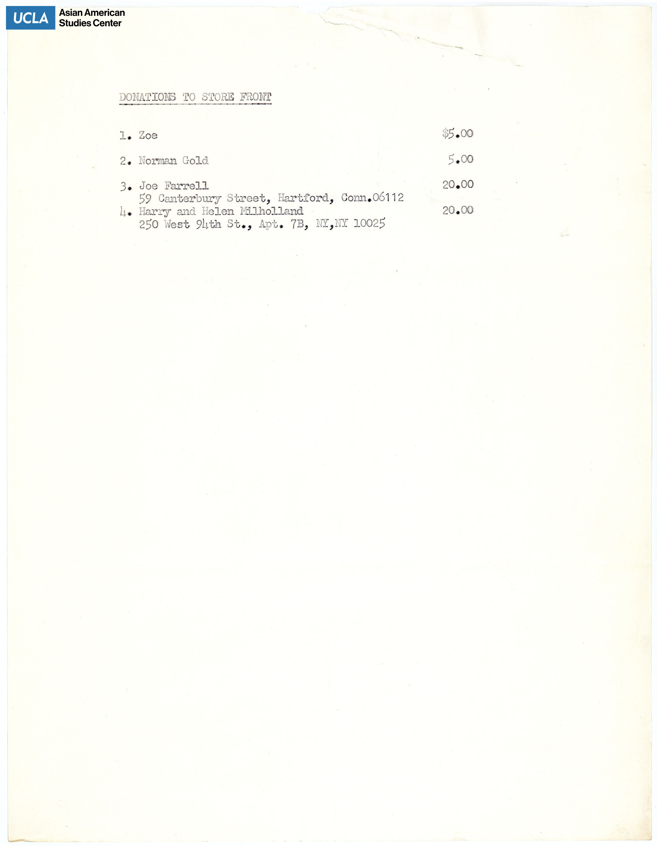 Donation list of Zoe, Norman Gold, Joe Farrell, Harry and Helen Milholland.