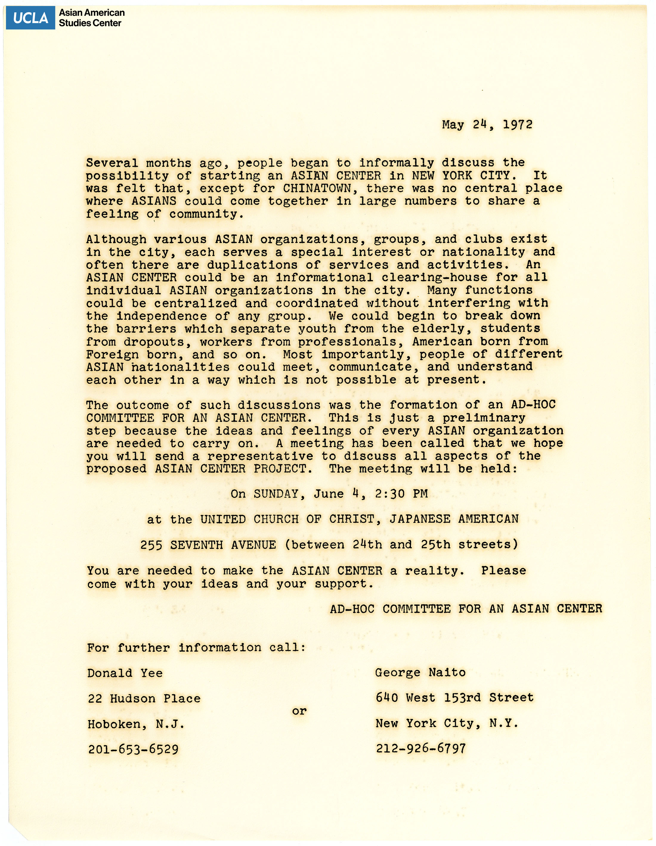 Letter regarding plans of developing an Asian center in New York City.