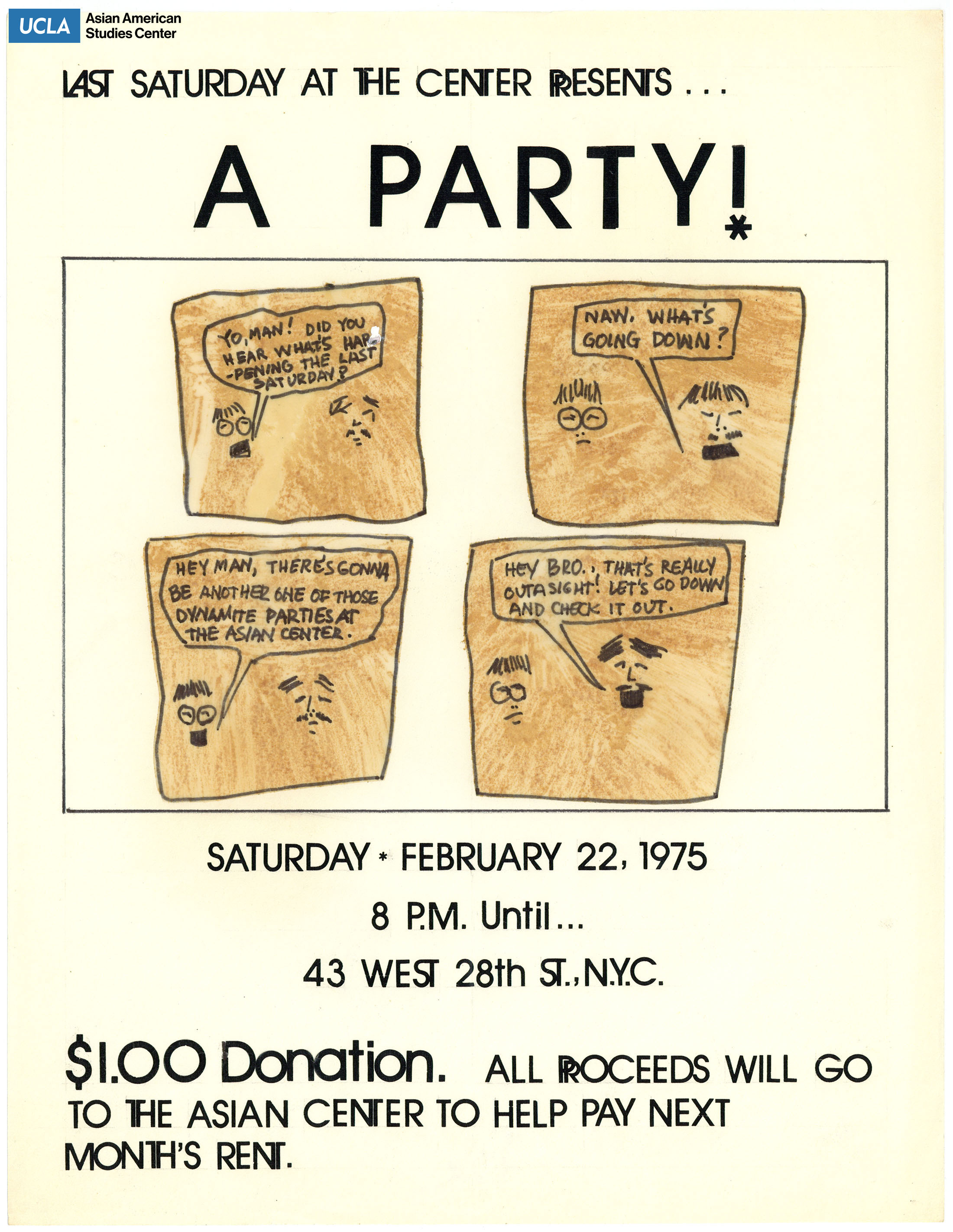 Flyer regarding a party and donation at New York Asian American Center.