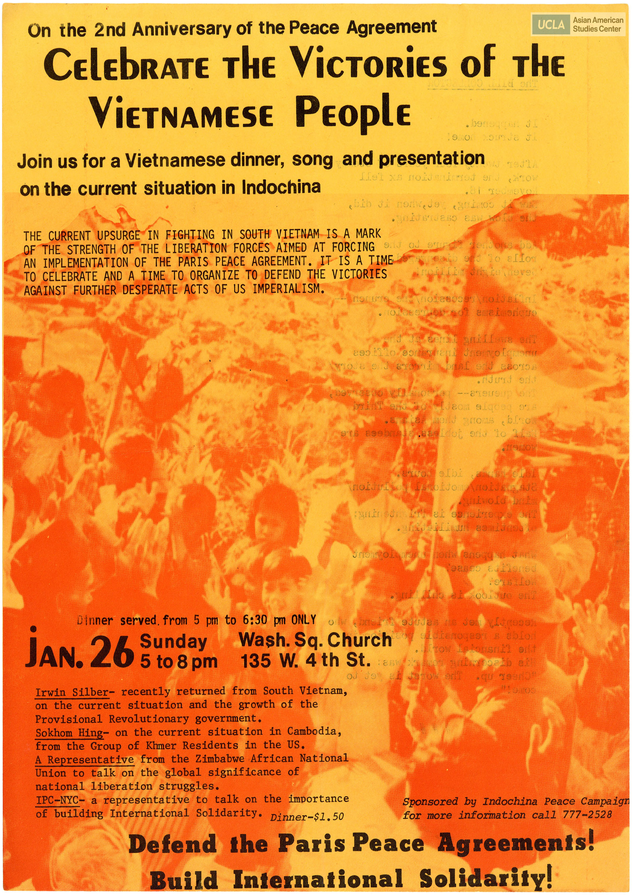 Flyer regarding the second anniversay of the Paris Peach Agreement and solidarity against the war in Indochina.