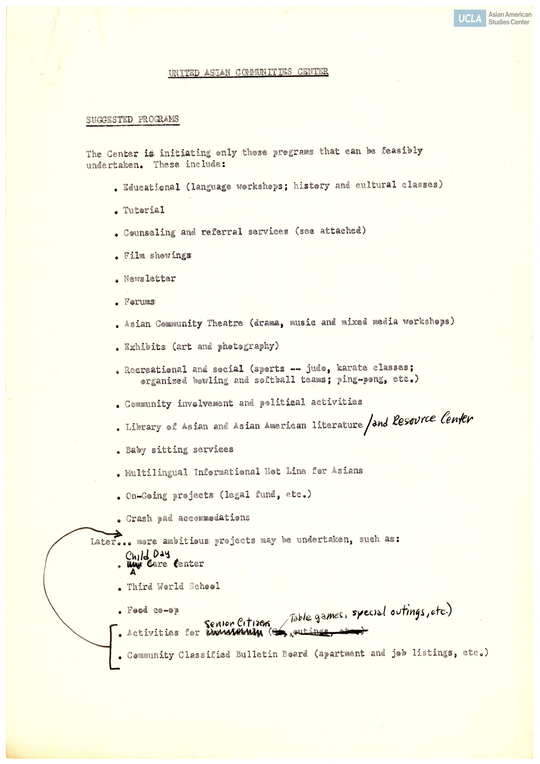 Notes regarding the United Asian Communities Center.