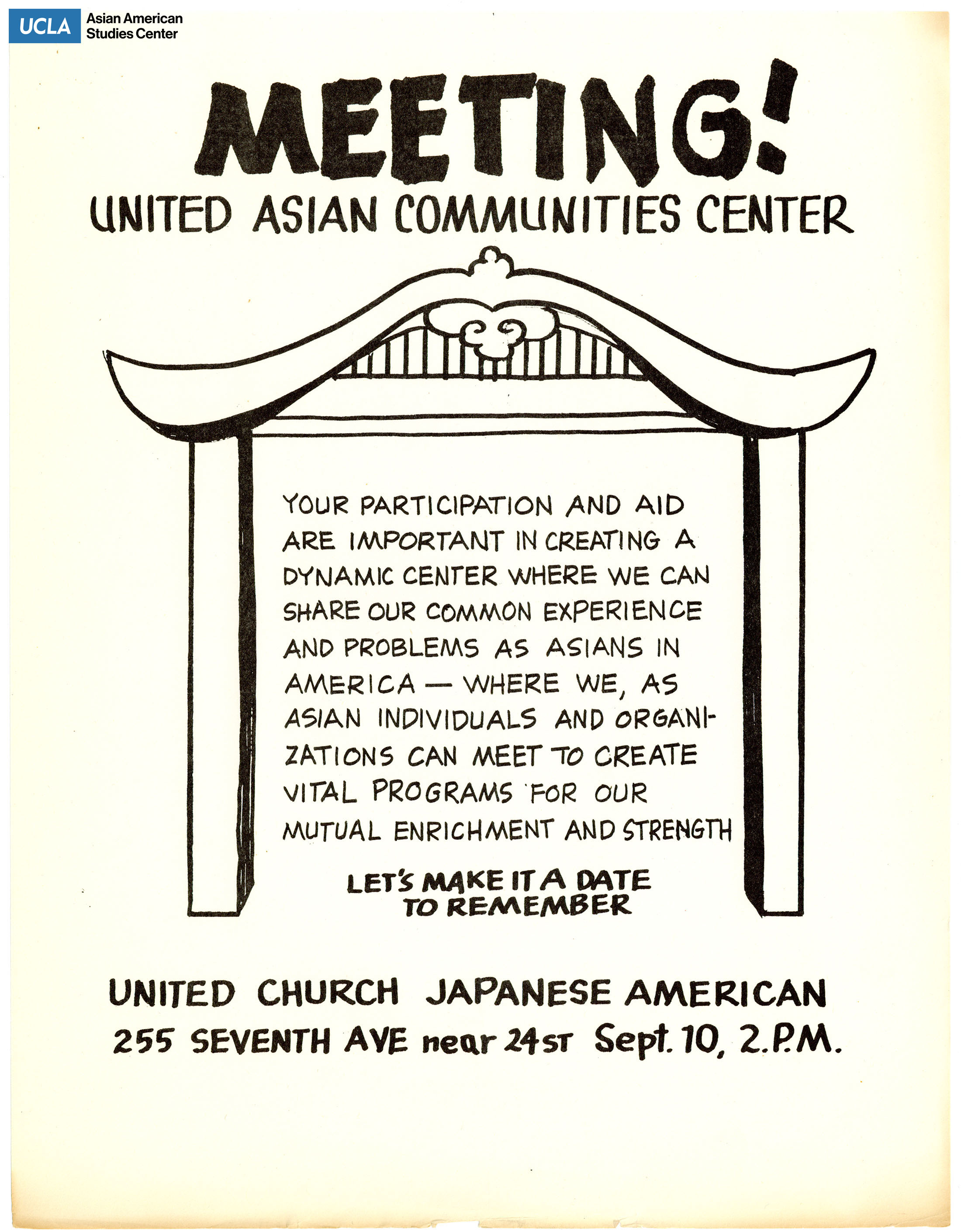 Flyer regarding an announcement from the United Asian Communities Center on developing an Asian Center in New York City.