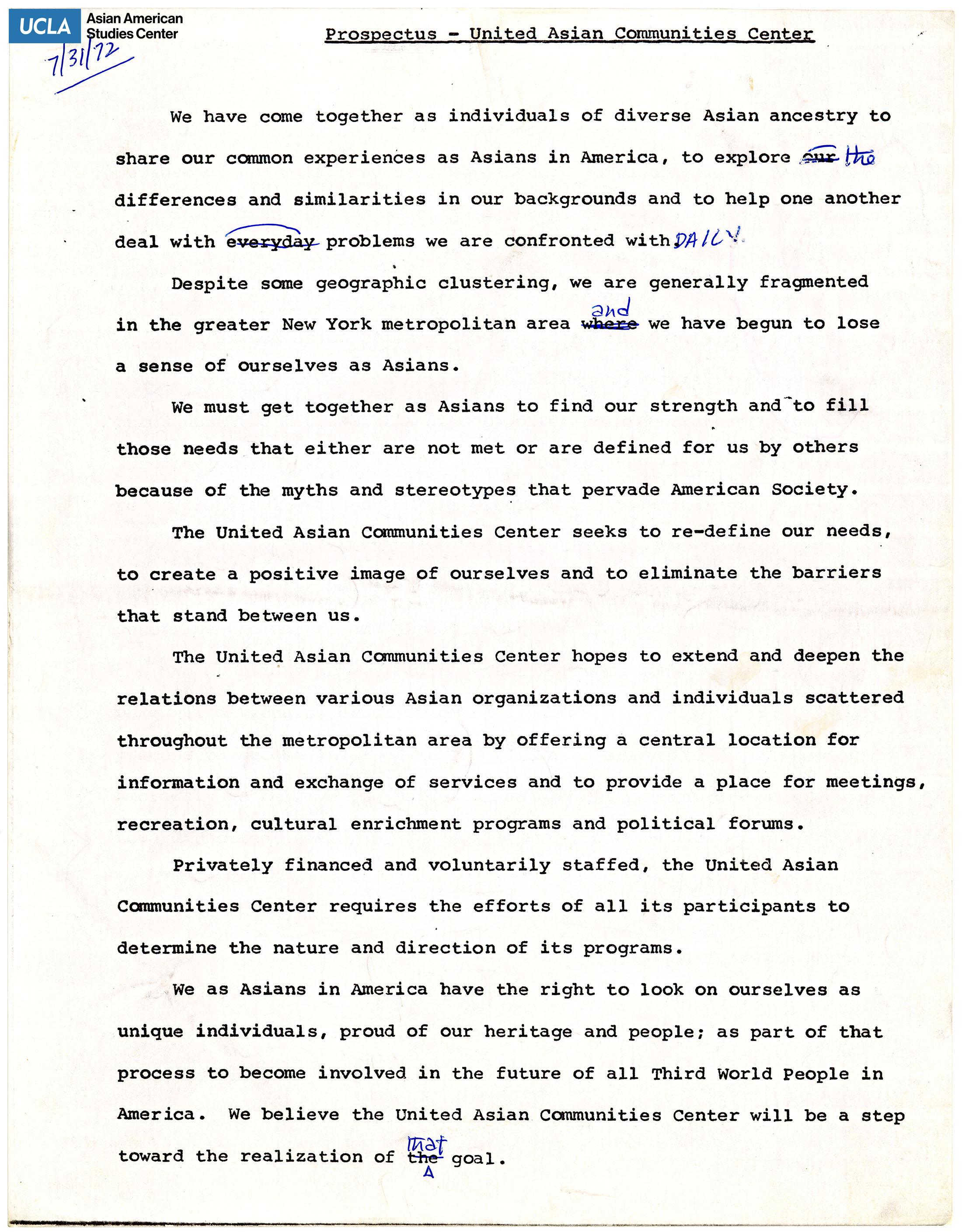 Prospectus regarding deveoping a Asian organization in New York which offers a place for, 