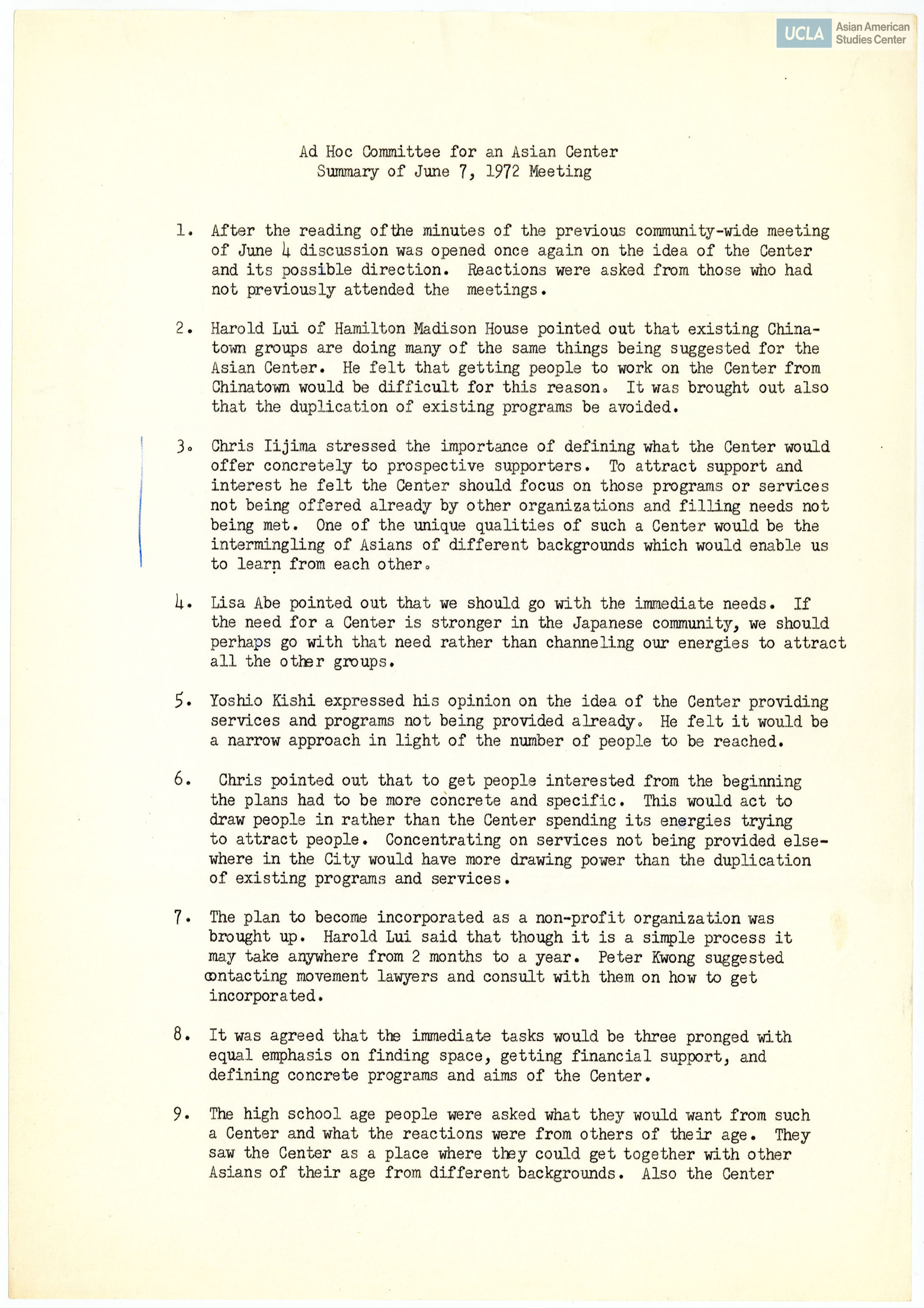 Meeting notes regarding the Ad Hoc Committee for an Asian Center.