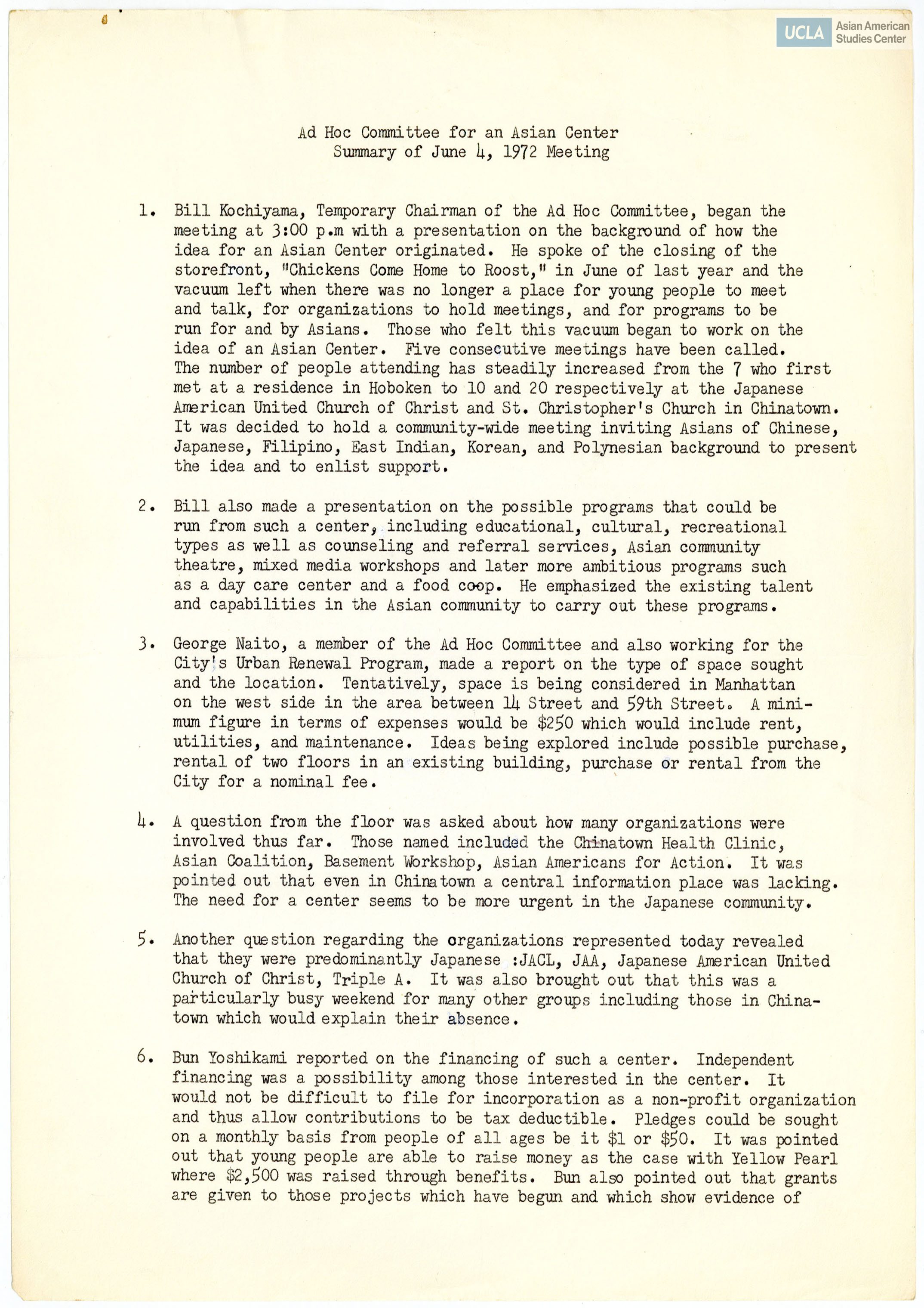 Meeting notes regarding the Ad Hoc Committee for an Asian Center.
