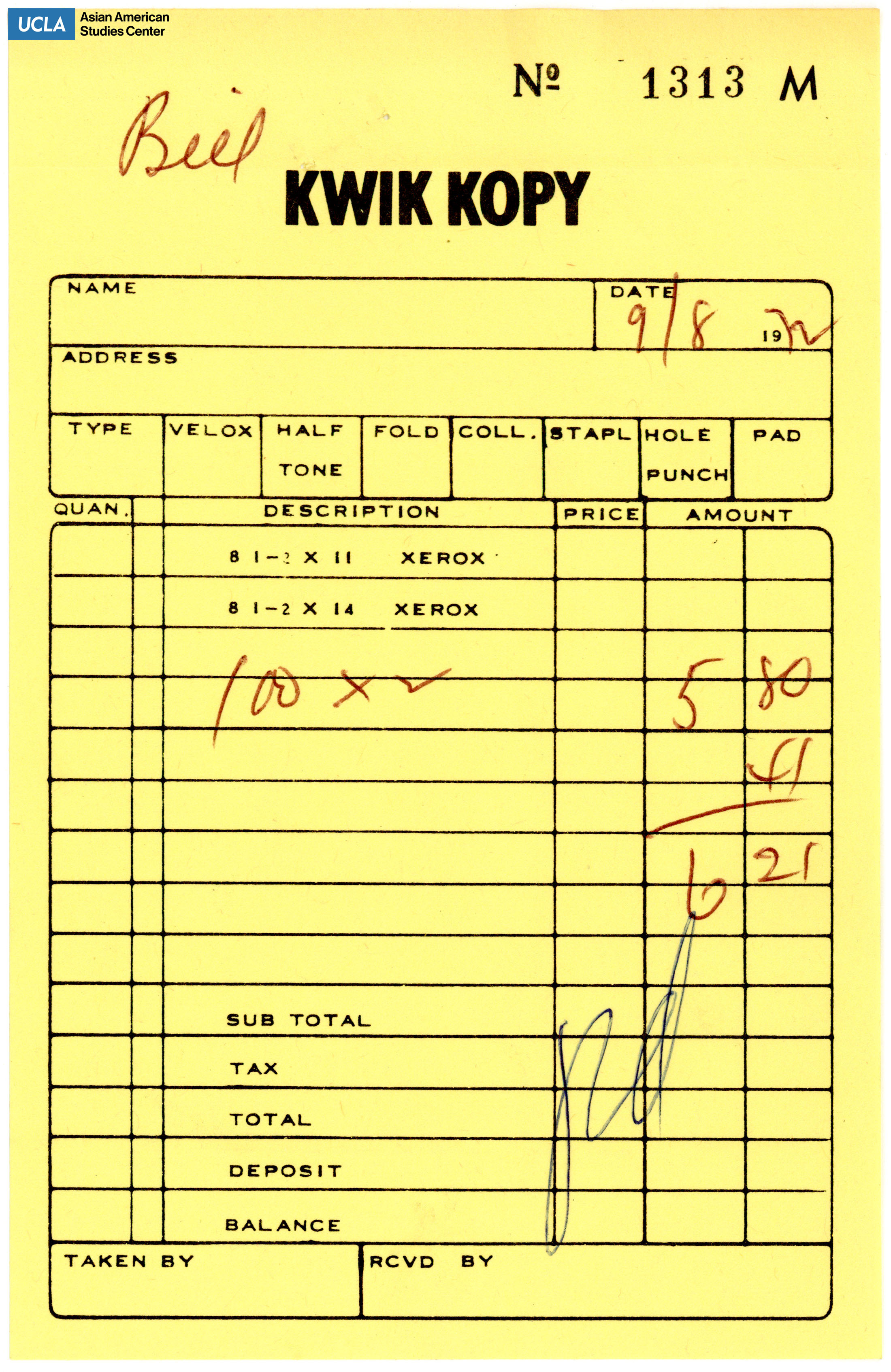 Receipt for Xerox copies.