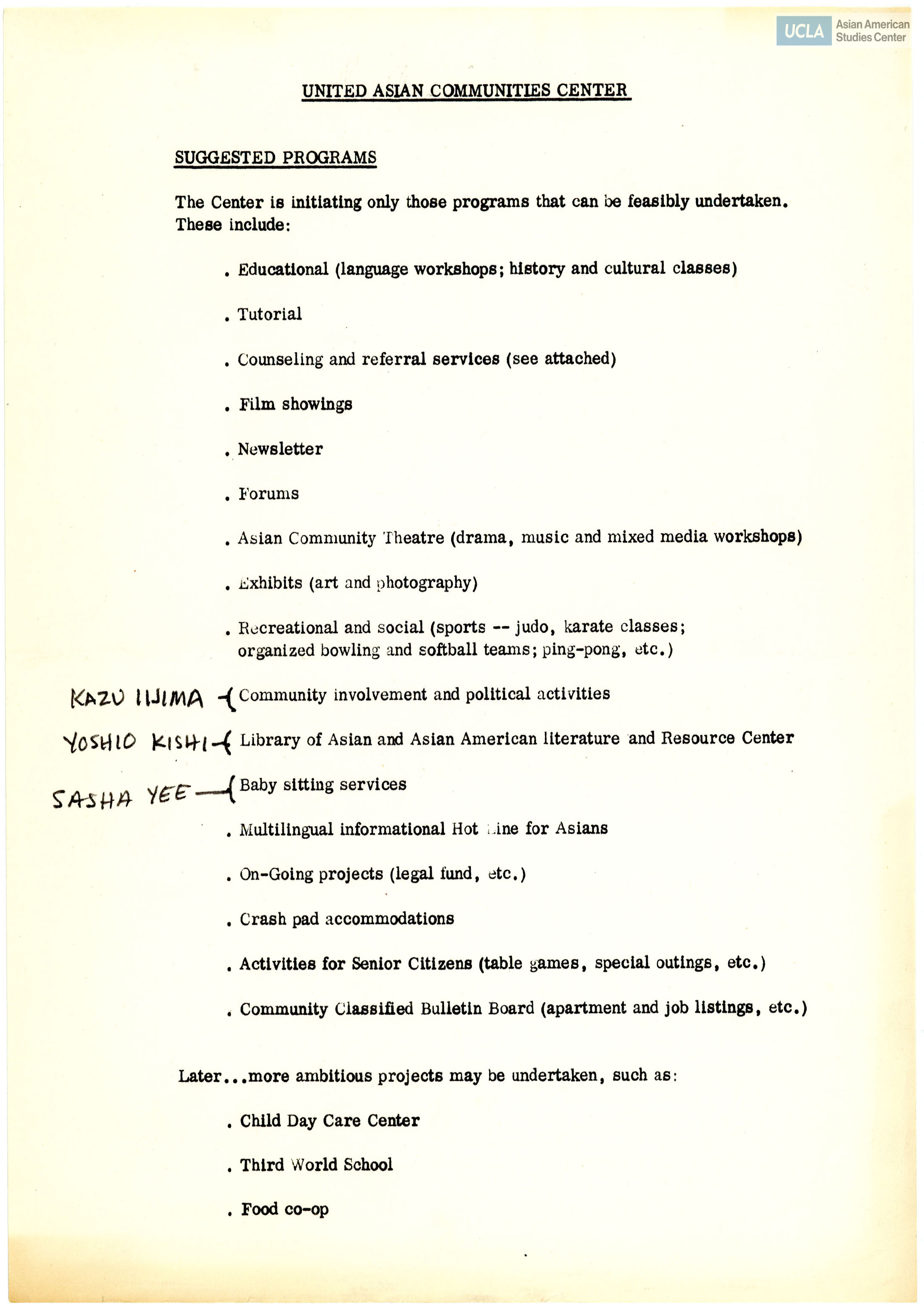 Notes on establishing programs for the United Asian Communities Center.