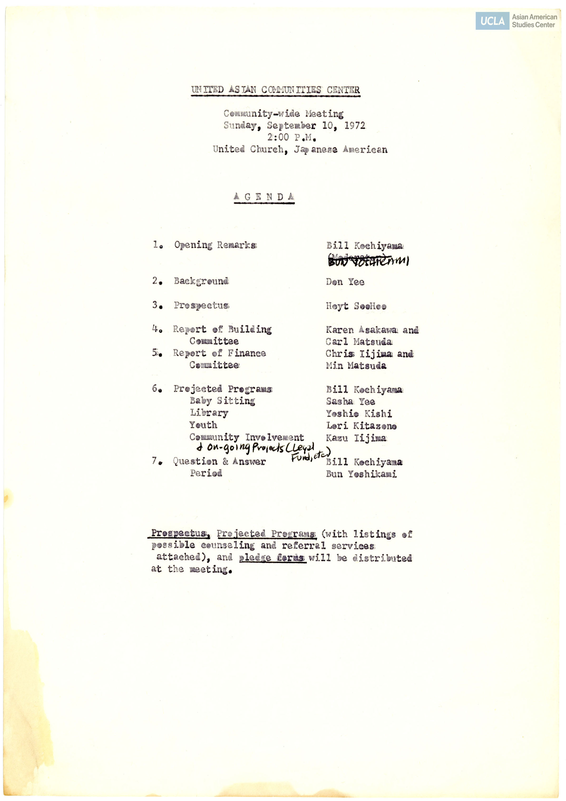 Meeting agenda for the United Asian Communities Center.