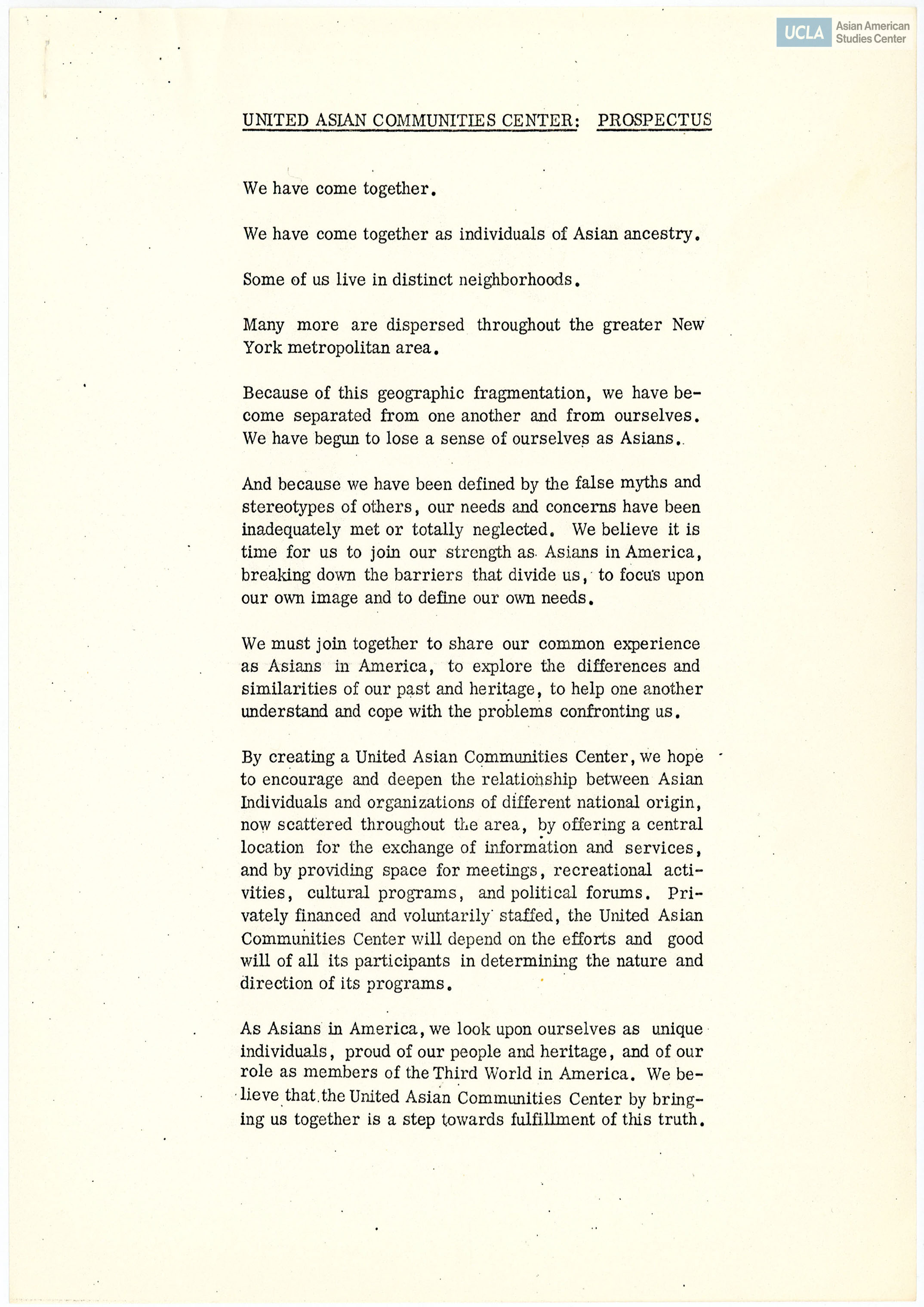 Prospectus on the United Asian Communities Center and suggested programs for the organization.
