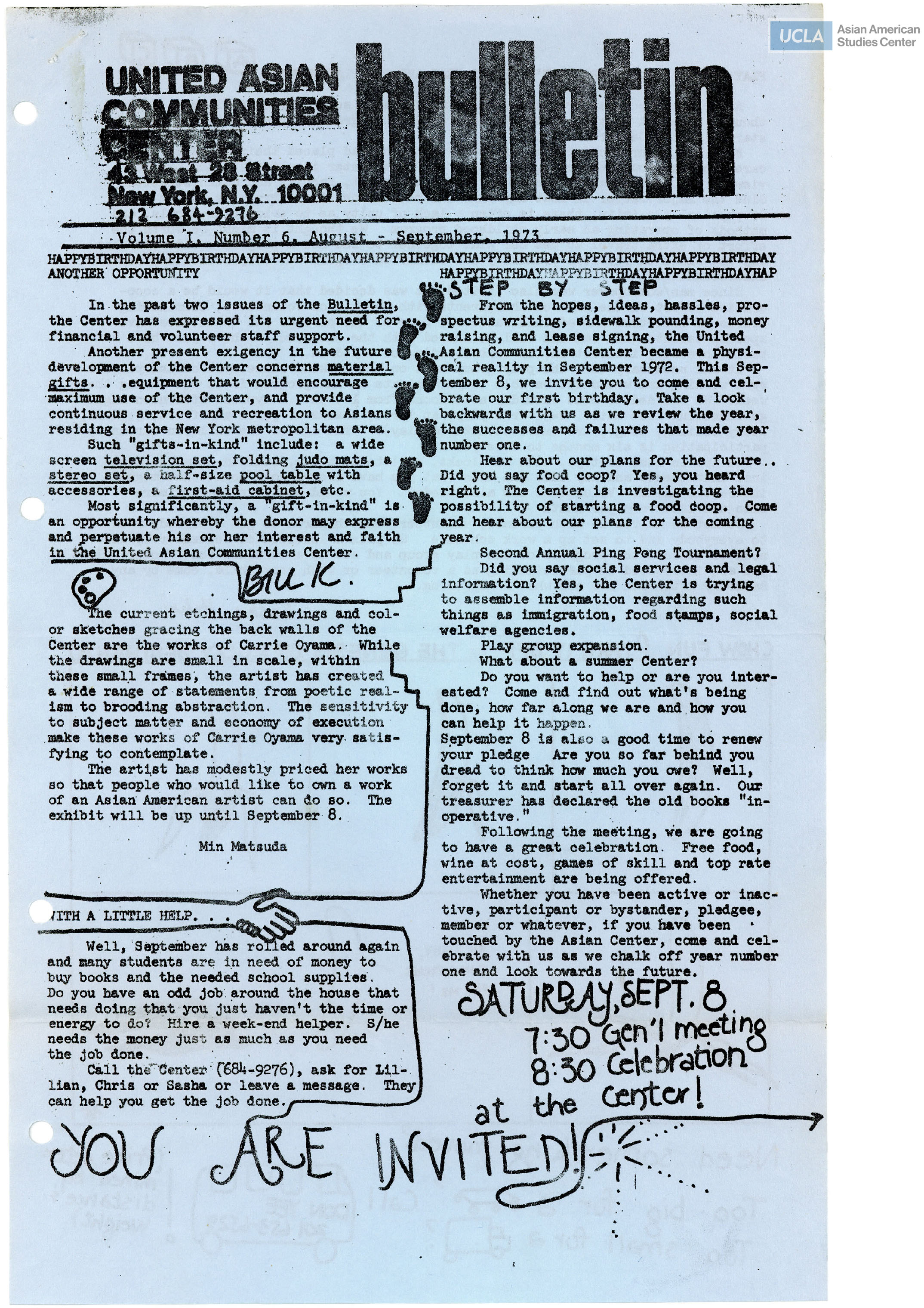 United Asian Communities Center Bulletin expressing need for financial and volunteer support.