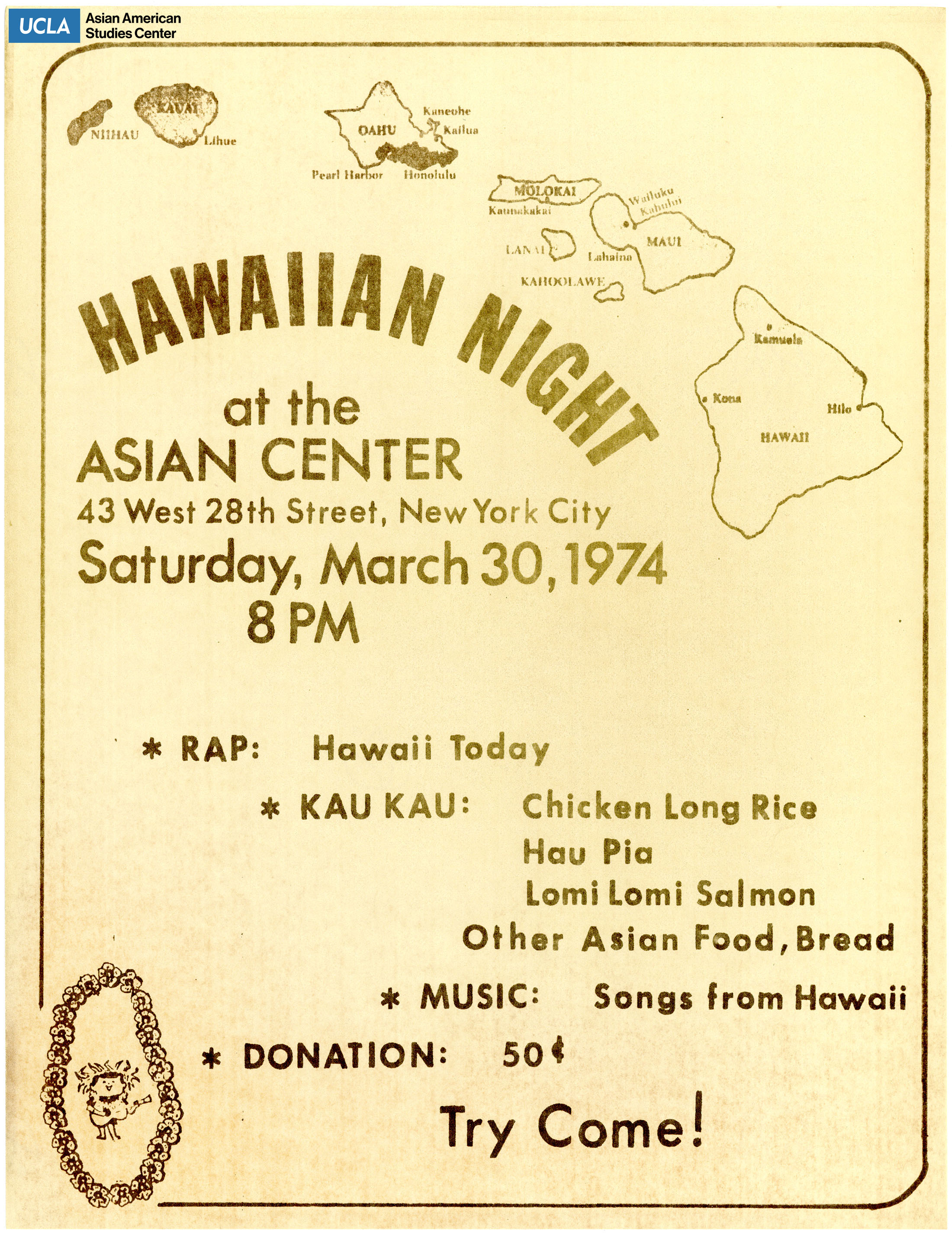 Flyer for Hawaiian Night at the New York Asian Center.
